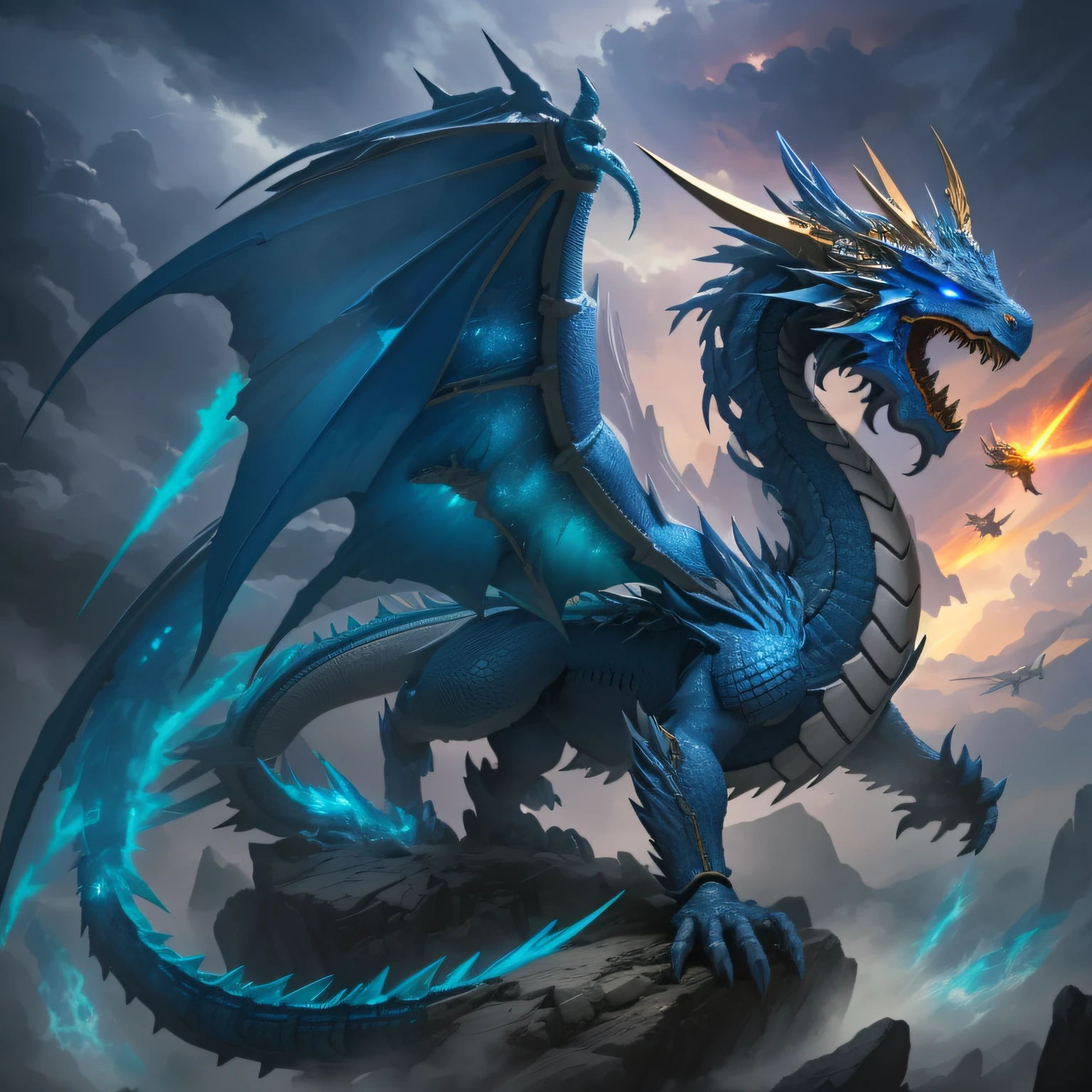 The epic blue dragon is a breathtaking creature, whose majesty and splendor transcend the limits of the imagination. Seu corpo enorme, coberto por escamas iridescentes de um azul profundo e brilhante, it seems to reflect the night skies themselves. Each scale is a work of art, capturing the light and emitting a magical glow that illuminates the darkness around you.
The wings of the blue dragon are wide and powerful, allowing him to dominate the heavens with a magnificent grace. Quando se ergue no ar, The sound of the beats of his wings is like a celestial symphony, ecoando por todo o reino. His wingspan is impressive, able to cover vast tracts of land in a single flight.
His eyes are deep wells of wisdom and mystery, radiating a millennial intelligence and an understanding of the world that goes beyond human perception. A spark of magical energy dances in his students, revealing the presence of ancestral powers.
The epic blue dragon is more than just a formidable beast; He is a symbol of nobility and benevolence. His presence inspires hope and courage in the hearts of those who see him, while his kindness is able to touch even the most unbelieving.
Endowed with a wise and compassionate personality, He protects and guides those who are worthy of His trust. His roar resonates like distant thunder, A warning to those who seek evil and injustice.
The epic blue dragon is a legendary figure, whose story echoes through the ages. He is a force of nature, able to set the sky on fire with its breath of ice or create storms with its roar. His presence in the fantasy world is a testament to the power of the human imagination and the eternal fascination with the greatness of dragons.