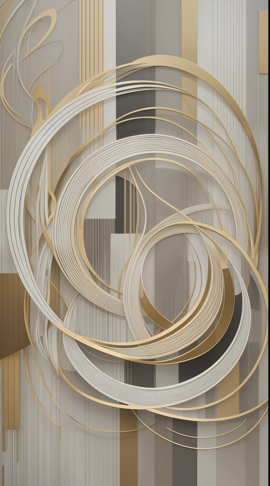 Create a neutral modern wall art abstract composition that captures the essence of harmony through round lines intersecting at different angles. The artwork is、While demonstrating a contemporary aesthetic、It is necessary to evoke a sense of balance and tranquility.Use a color palette composed of mono tones, shades of white, etc., Gray, gold, or pale tones. Make sure the intersecting lines are gracefully intertwined, Convey a sense of fluidity and interconnection.