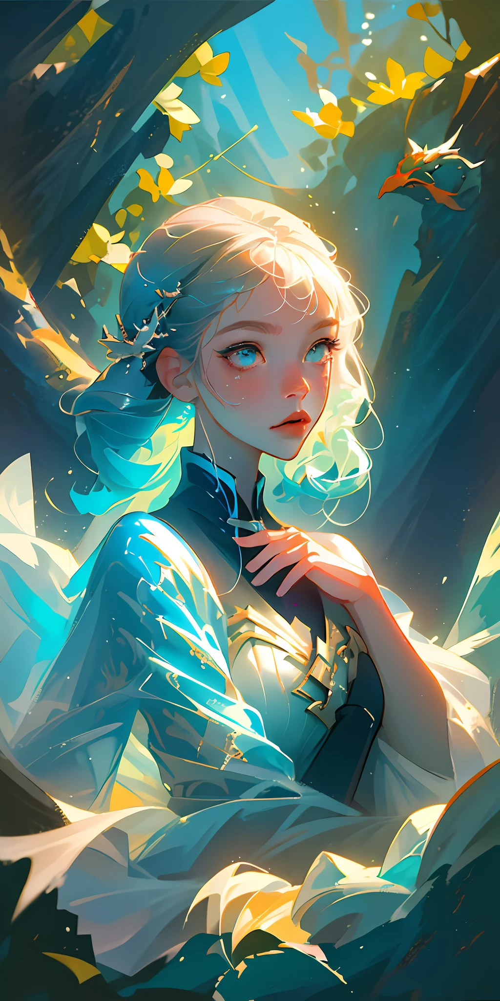 (best qualtiy,tmasterpiece),poster for,Three-seven composition,underwater photography,Girl half-face avatar,up-close,Fish is a bird in water, painted into a picture, fantasy, Aesthetic,Girly art, Painting