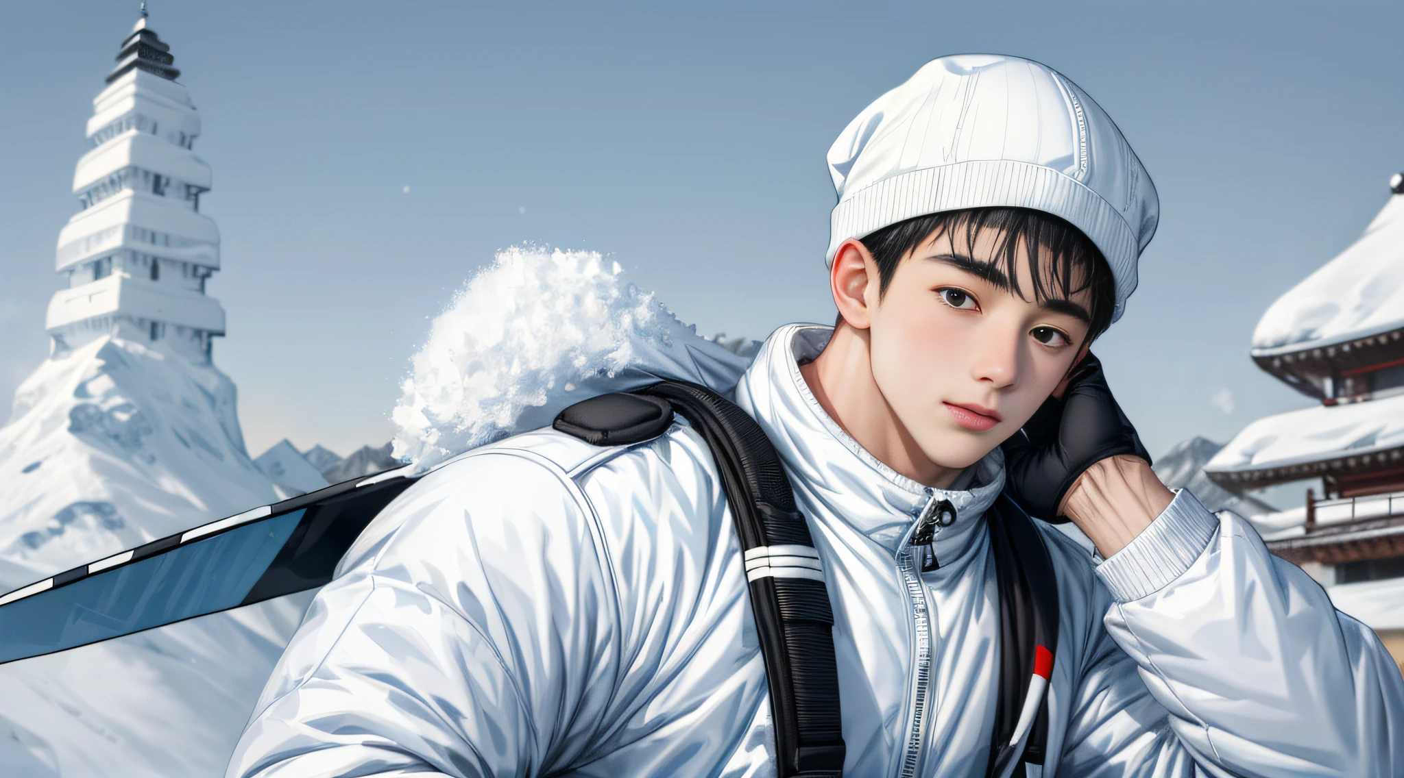 Masterpiece, primitive，HighestQuali，1 boy, snow landscape，White ski suit，Ski cap，White snow cap，Chinese，skiing，fully body photo，Shy, face round, Black eyes，largeeyes，