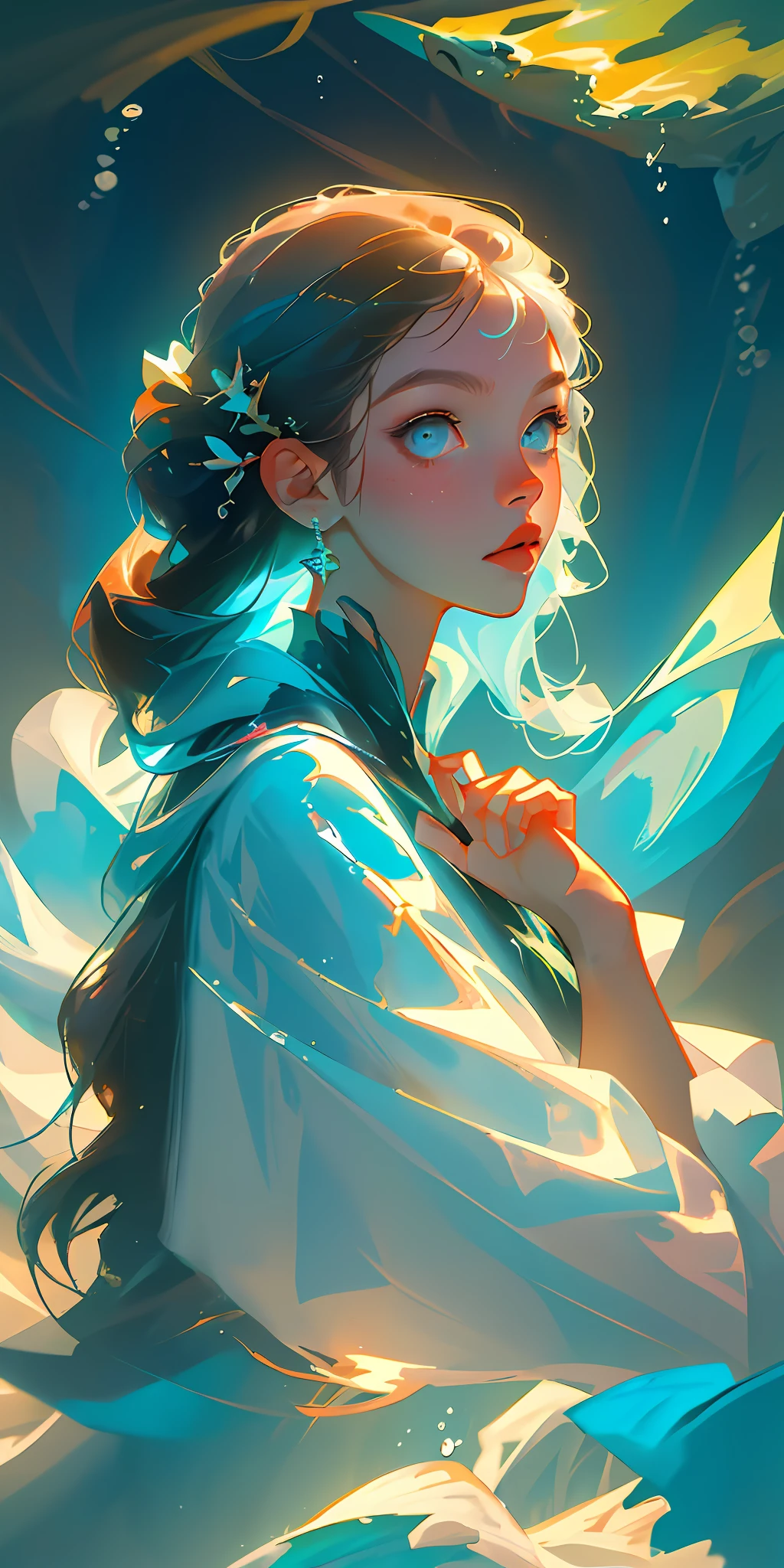 (best qualtiy,tmasterpiece),poster for,Three-seven composition,underwater photography,Girl half-face avatar,up-close,Fish is a bird in water, painted into a picture, fantasy, Aesthetic,Girly art, Painting