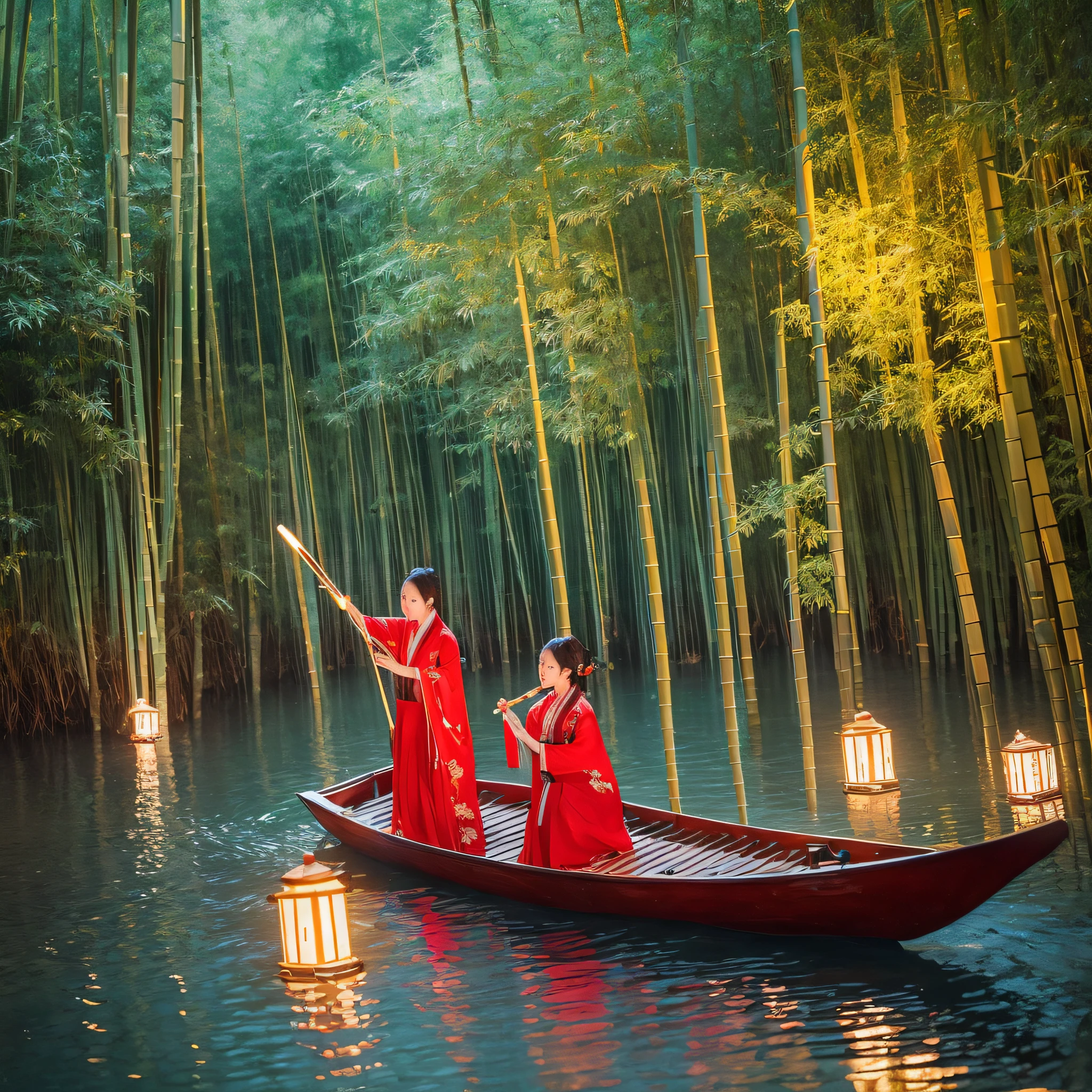 On a bamboo raft, The boatman lit his lantern, The bamboo rafts on the river reflect red, Hanfu woman standing on a bamboo raft playing the flute, Moonlight and lights spill on the surface of the river