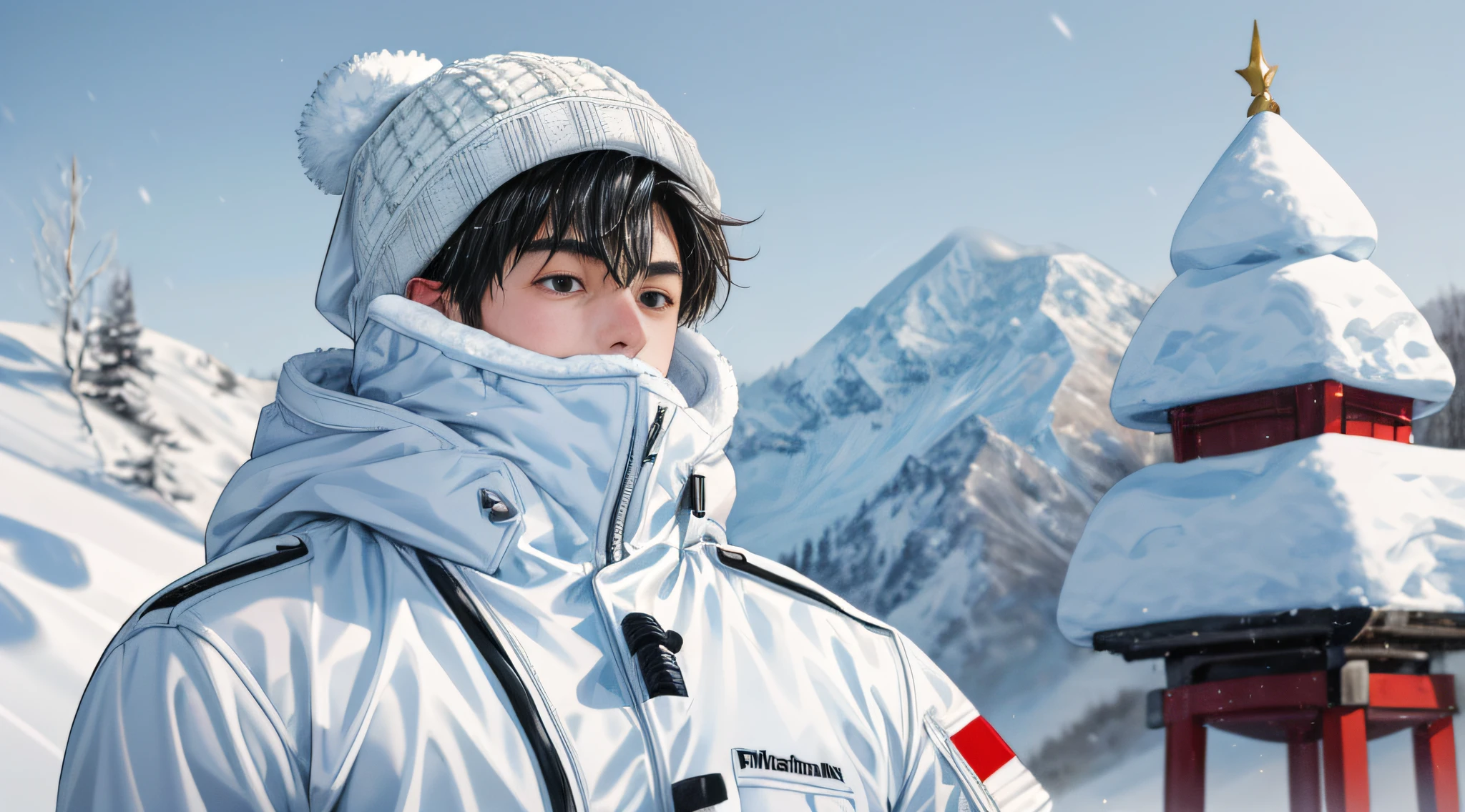 Masterpiece, primitive，HighestQuali，1 boy, snow landscape，White ski suit，Plush ski cap，White snow cap，Chinese，skiing，fully body photo，Shy, face round, Black eyes，largeeyes，