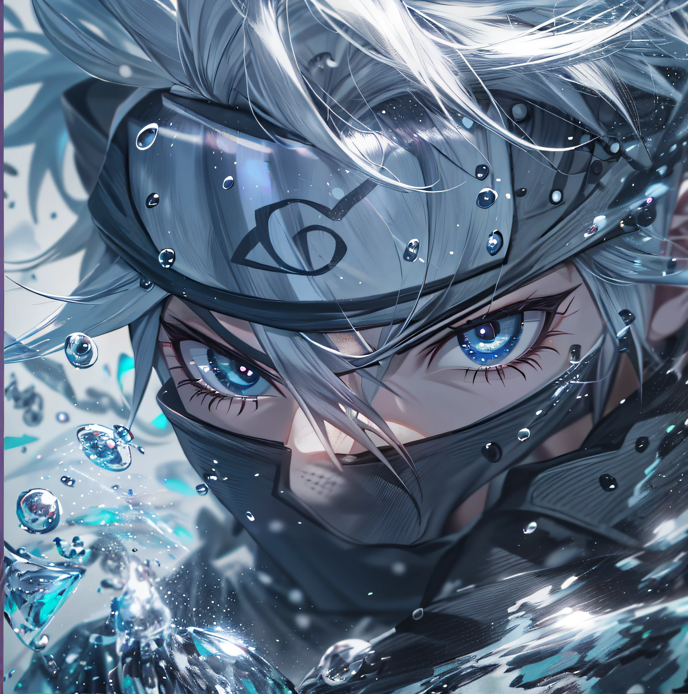 Personagem de anime com cabelos brancos e olhos pretos usando uma mascara ninja , kakashi hatake, Kakashi, badass anime unreal engine 5, arte limpa e detalhada, droplets of water