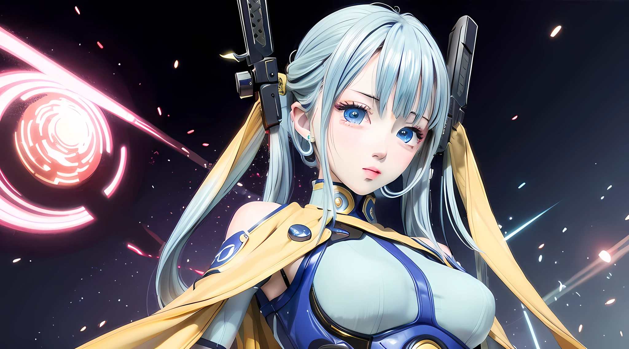 shukezouma,shuimobysim,((best quality)), ((masterpiece)), (detailed),50mm lens,1girl, (detailed face), (detailed eyes), mecha,ninja,upper body,wallpaper,blue fire,gear, holding a gun,cyberpunk girl, (beautiful face),small breasts ,by style ArtStation, bright blue-green eyes,yellow blue hair, nice pose,gloves,