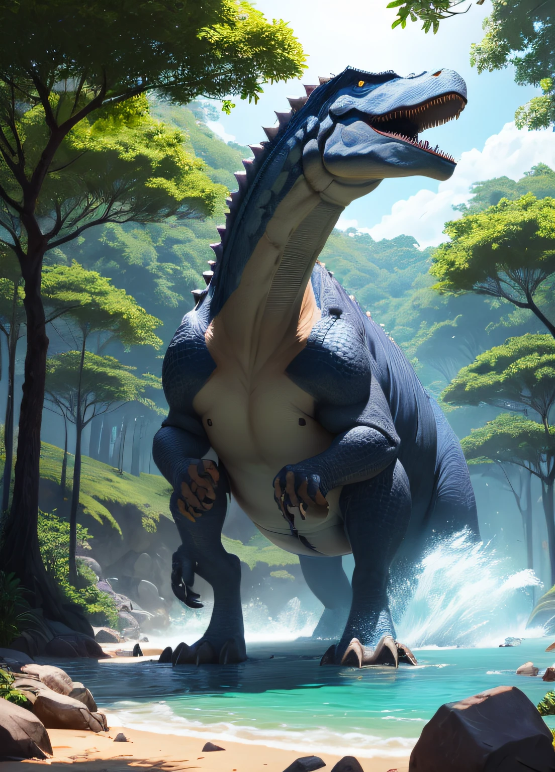 Jogo: Evolved Ark, Large dinosaur standing in a forest, with blue water, and a huge science fiction house, melhor qualidade, obra-prima, 8k, arte por artgerm, foco nítido,fundo de desenho de linha de flor, fundo branco, monocromatic, desenho de linha, ((sketchfab))