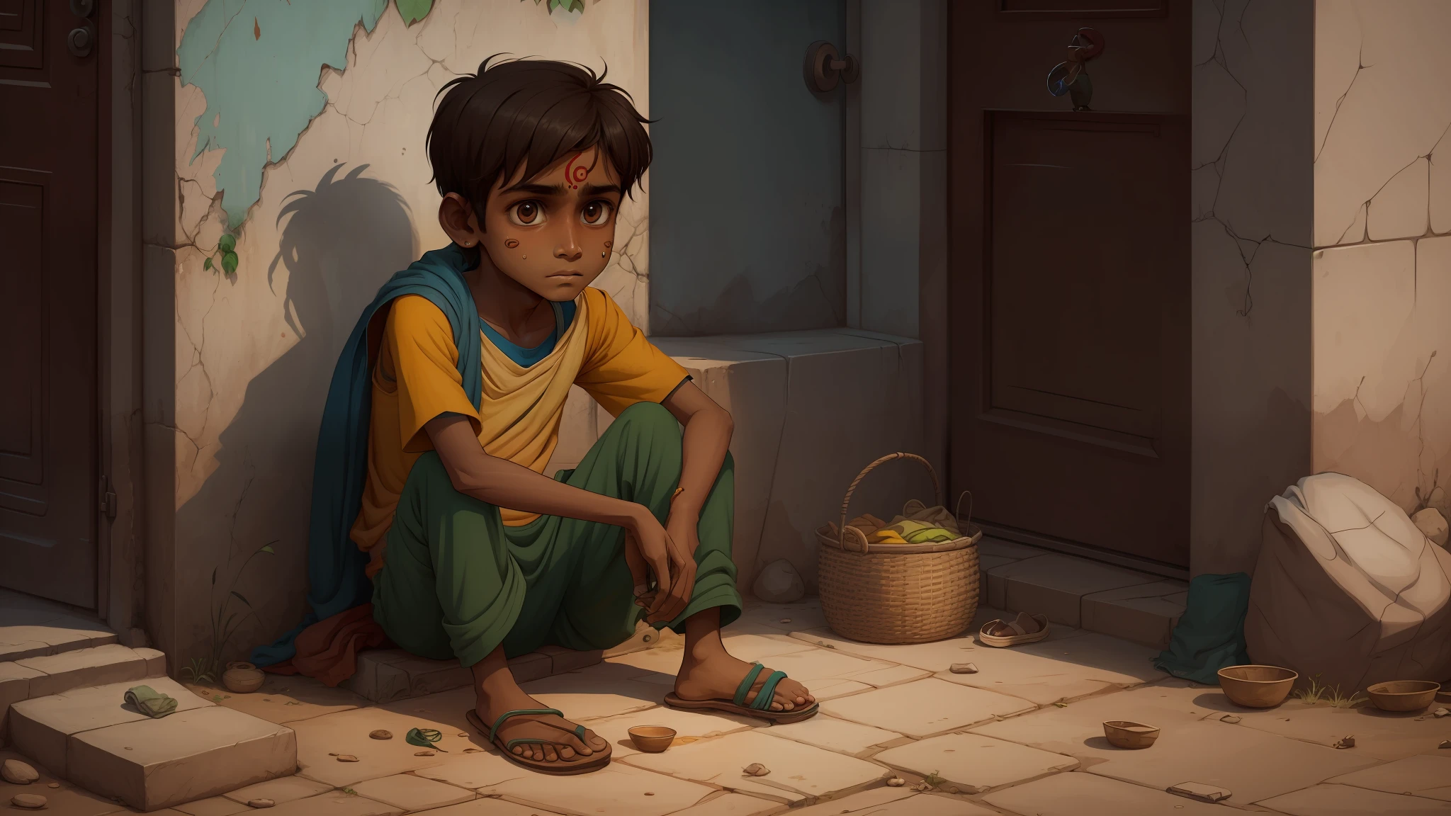 A young beggar indian boy in cartoon , 4k image