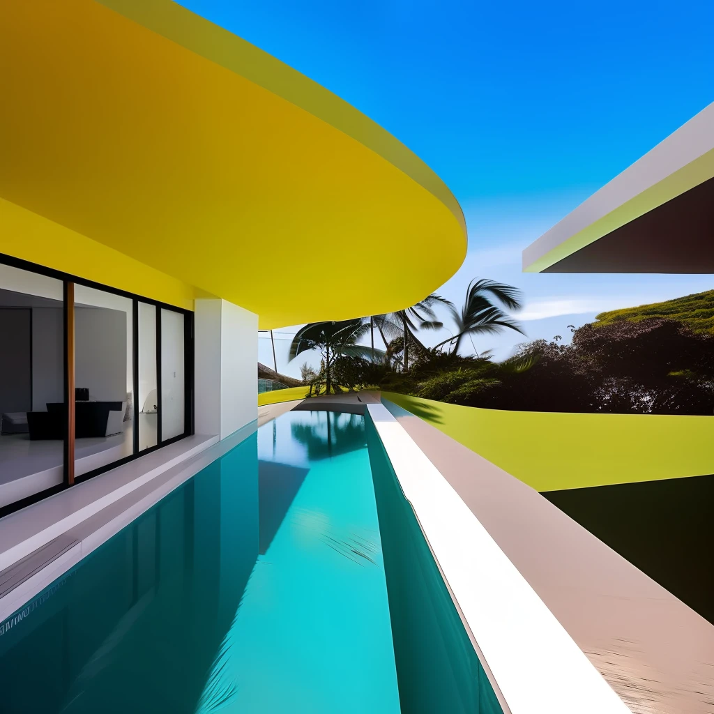 Uma casa futurista na praia ao estilo Niemeyer,  fotorrealista,  UHD,  luz solar,  extremely sharp