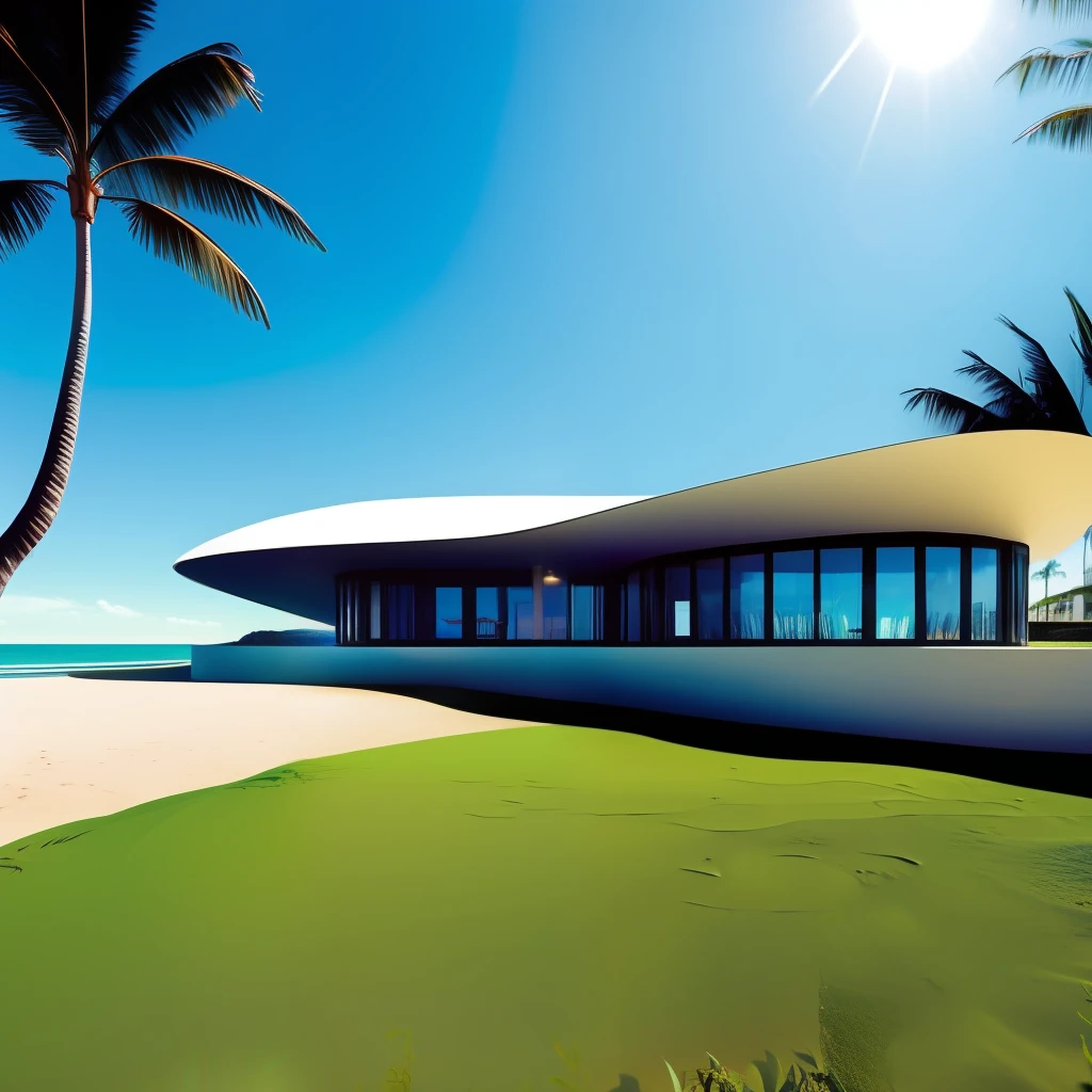 Uma casa futurista na praia ao estilo Niemeyer, fotorrealista, UHD, luz solar, extremely sharp