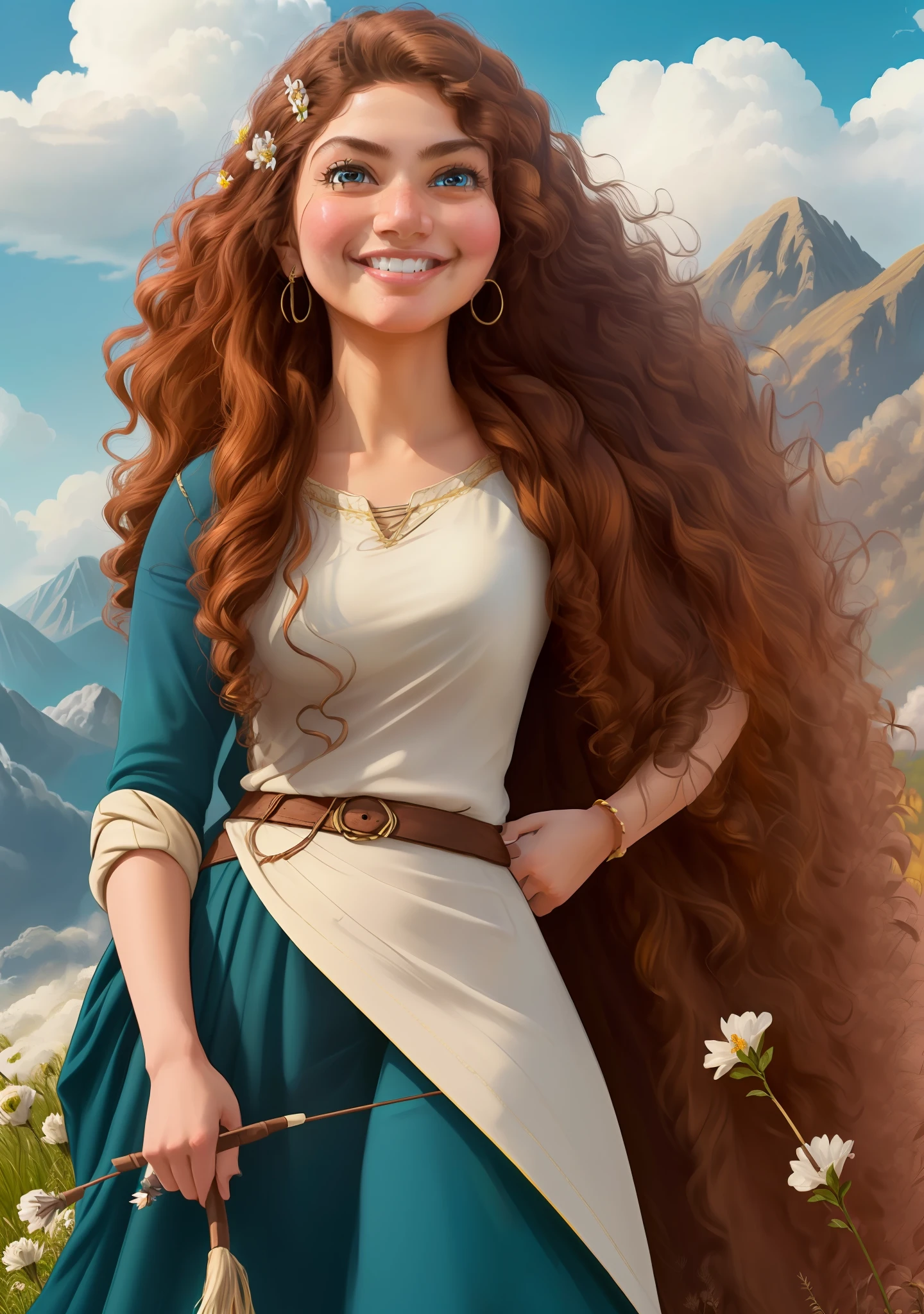(MeridaWaifu:1), 1girl, smile, :D, sexy, looking at viewer, (dress:1.2), from below, magic, (fight pose:1.2), (big breasts), curvy, holding bow, Sai pallavi

(realistic:1.2), (realism), (masterpiece:1.2), (best quality), (ultra detailed), (8k, 4k, intricate),(full-body-shot:1),(Cowboy-shot:1.2), (85mm),light particles, lighting, (highly detailed:1.2),(detailed face:1.2), (gradients), sfw, colorful, (detailed eyes:1),

(detailed ladscape, castle, fild, grass, mountains, flowers, arrows:1.2), (sky, clouds:1.2),(detailed background),detailed landscape, (dynamic angle:1.2), (dynamic pose:1.2), (rule of third_composition:1.3), (Line of action:1.2), wide shot, daylight, solo,