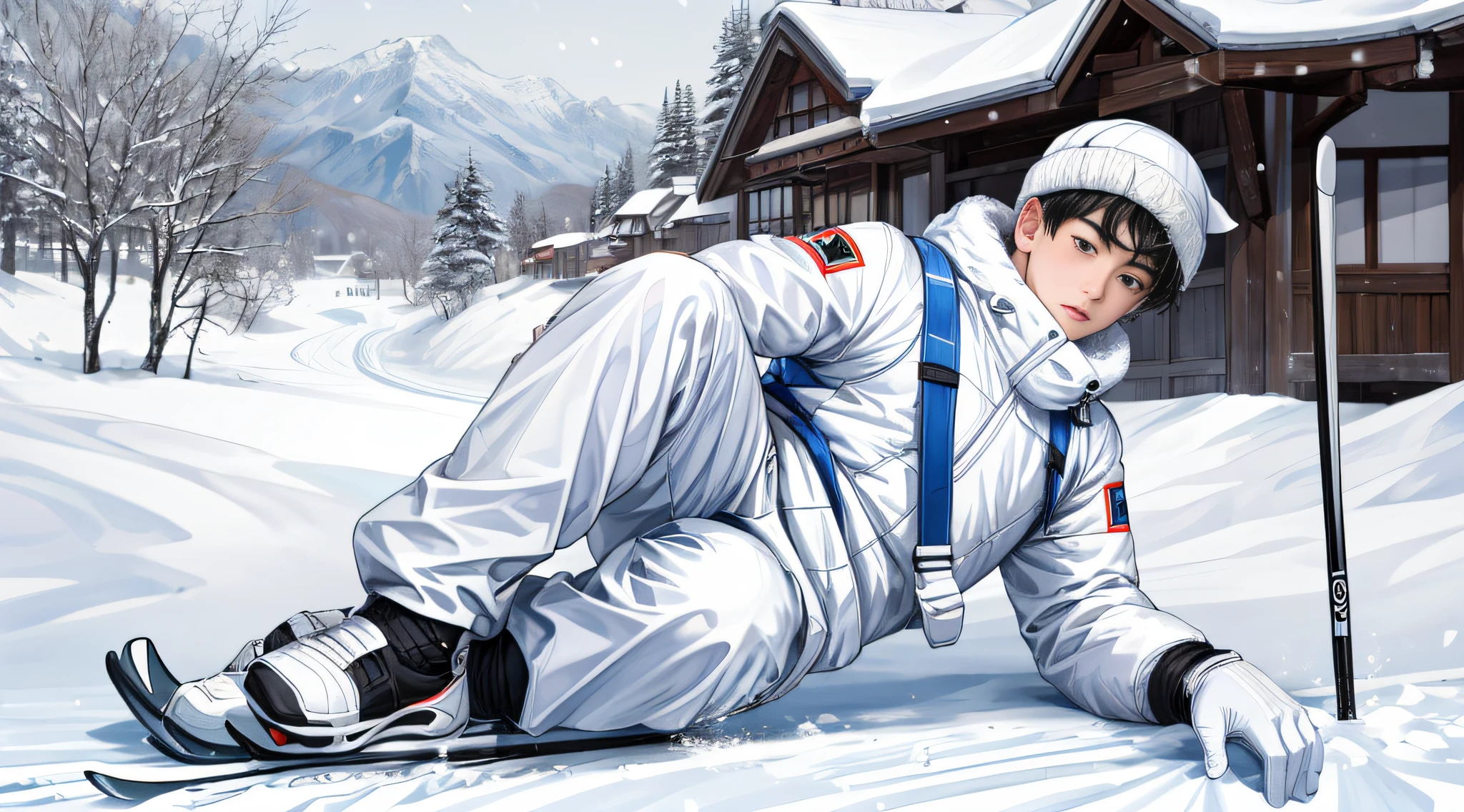 Masterpiece, primitive，HighestQuali，1 boy,Full body photo of snow，White ski suit，Plush ski cap，White snow cap，Chinese，skiing，，Shy, face round, Black eyes，largeeyes，