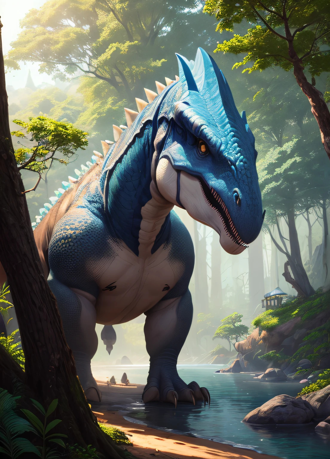 Jogo: Evolved Ark, Large dinosaur standing in a forest, with blue water, and a huge science fiction house, melhor qualidade, obra-prima, 8k, arte por artgerm, foco nítido,fundo de desenho de linha de flor, fundo branco, monocromatic, desenho de linha, ((sketchfab))