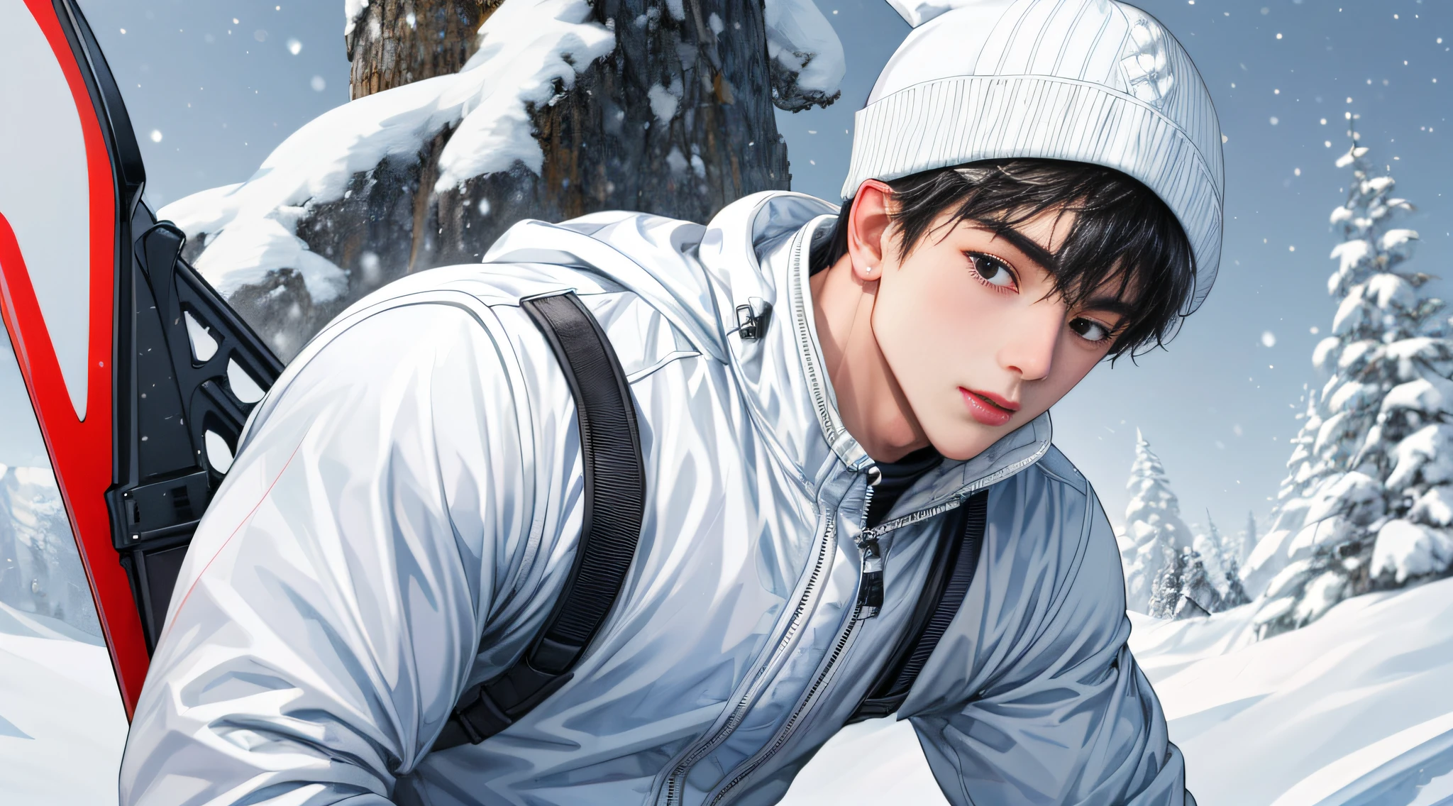 Masterpiece, primitive,HighestQuali,1 boy,Full body photo of snow,White ski suit,Plush ski cap,White snow cap,Chinese,skiing,,Shy, face round, Black eyes,largeeyes,