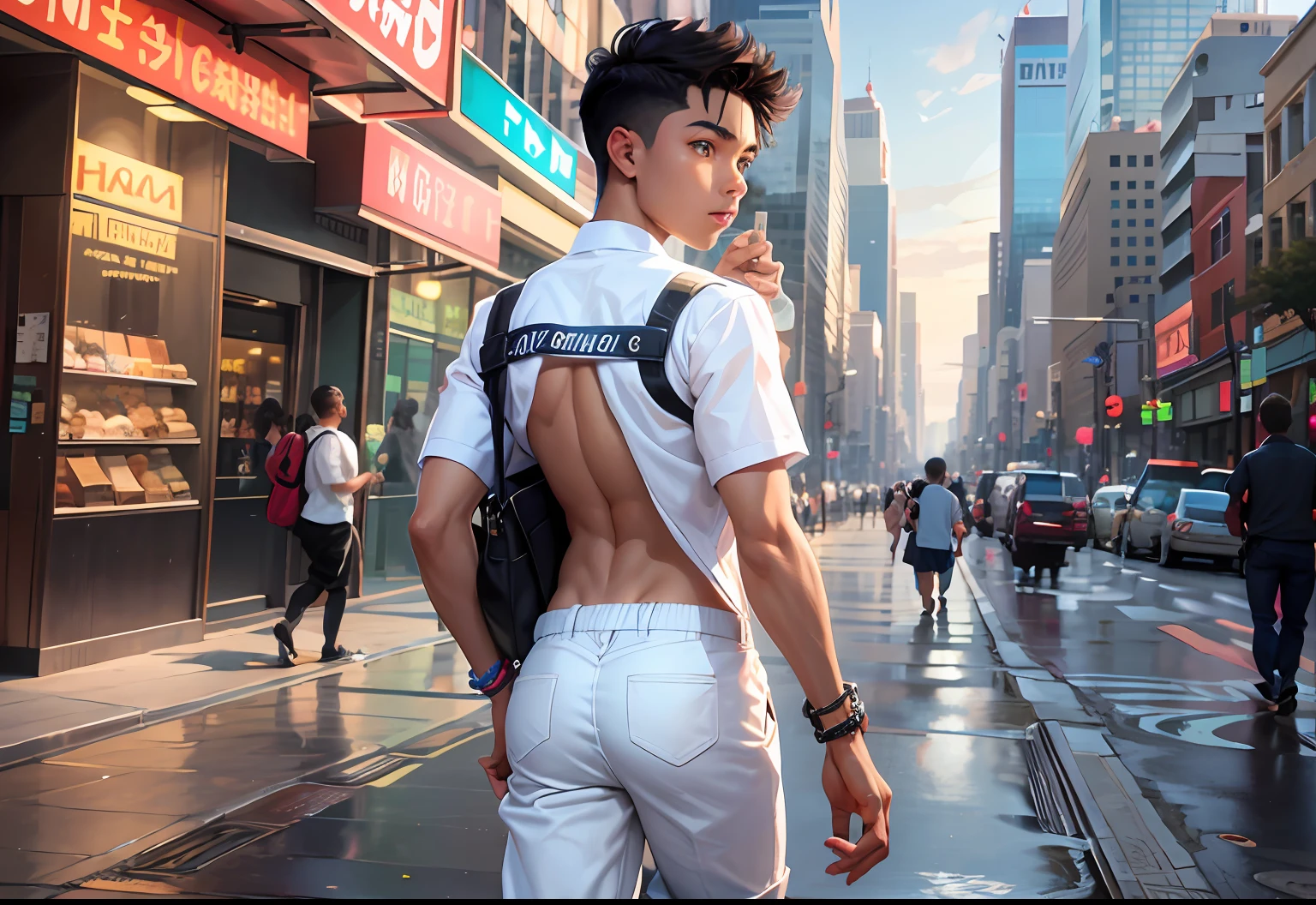 From behind we see the 15-year-old mixed-race boy , cabello liso de hombre, con piel canela sin ropa en la espalda caminando por una avenida de Nueva York, traje tribal africano esta perdido asustado busca algo o a alguien