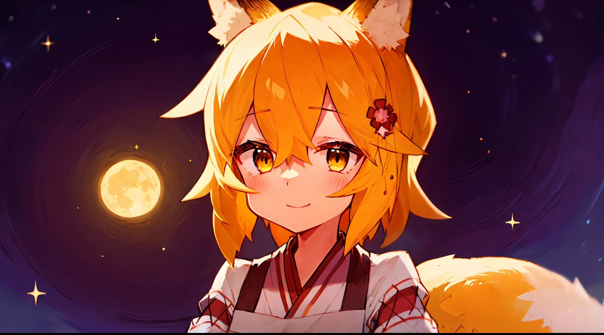 Ultra-detailed starry night scene, extremely focused image, (detailed light: 1.05), a fox girl with orange hair, small stature, solo, kimono, miko, fox ears and tail, floral hair ornament, gazing up with wonder in her crisp, luminous emerald eyes, enchanted smile on her flawless face, dazzlingly clear night sky filled with two sharp, detailed moons, brilliantly vivid constellations swirl overhead, notes of rich purple, blue and green fill the crisp sky, representing her sense of awe and hope, elegant beauty, masterful depth, textures and details