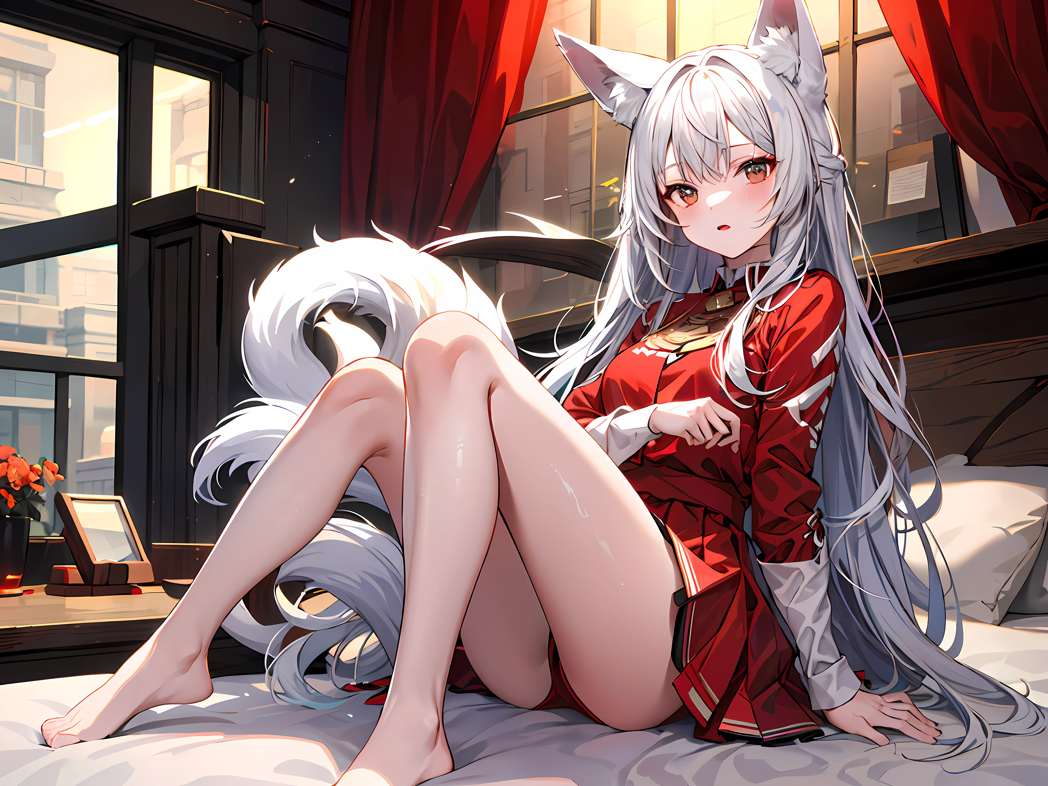 one-girl，fox ear，Red clothes，sitting on his knees on the bed