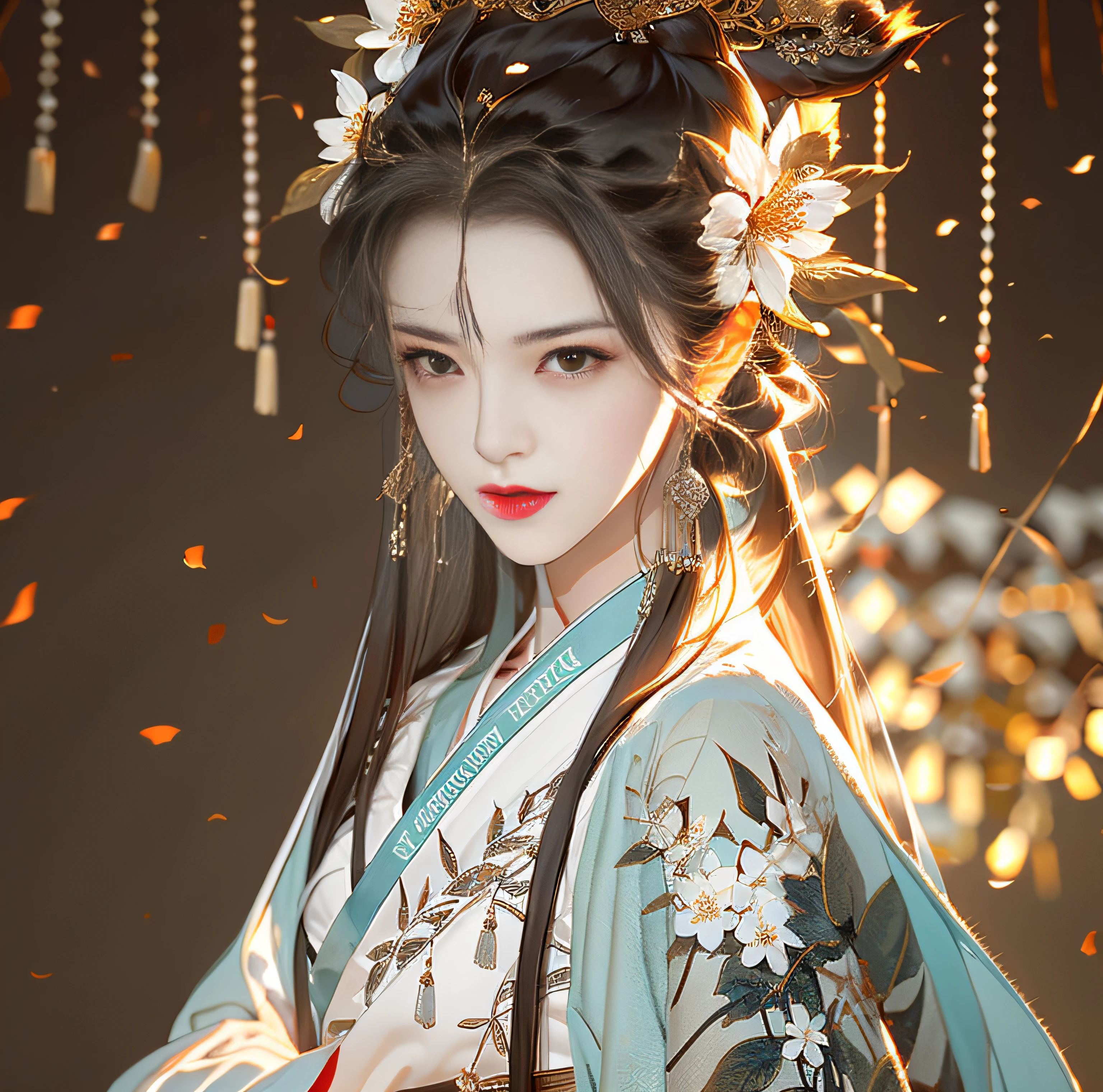 Beautiful details for girl,Very detailed eyes and face,Beautiful eye details,Super detailed,A high resolution,Very detailed,The best quality,illustration,Exquisite details,Best quality,Very detailed CG,8K wallpapers,A woman,woods,Long black hair,horsetail,Hanfu girl,blossoms,Complex textures,Streamers,navel,Shoulder,the complex background,Half body,Solo