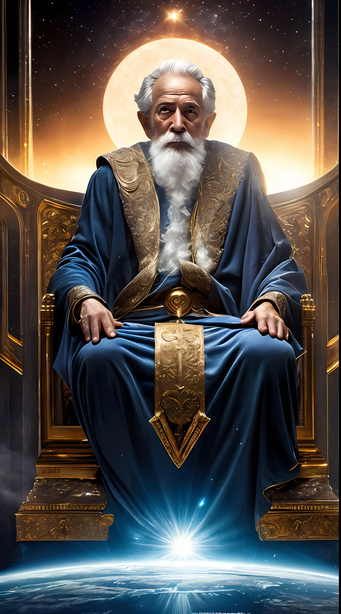 super high res, melhor qualidade, foto, 16k, (fotorrealista: 1.2), cinematic lighthing, An old man in the form of a mythical god. Retrate o deus segurando o sol e a lua, envolto por uma aura radiante. Seat them on a magnificent throne within a cosmic backdrop, em mantos brancos brilhantes e flutuantes no trono de cristal, flutuando sobre nuvens de cristal, cercado pelos esplendores do universo. Pay meticulous attention to stunning details and achieve a resolution of 64K for an immersive and realistic visual experience. Let your work capture the essence of a God, myth, and wonder, deixando os espectadores maravilhados com sua beleza e poder.