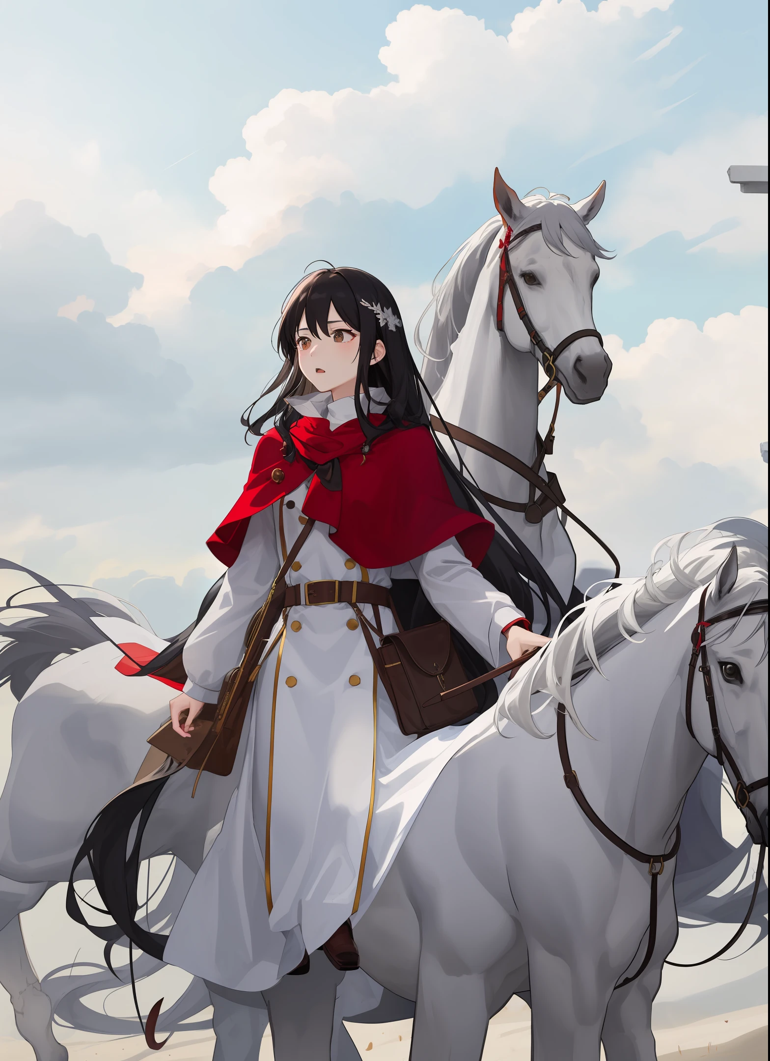 废墟,red capelet,A girl with long black hair,White horses came from afar,There are corpses all around