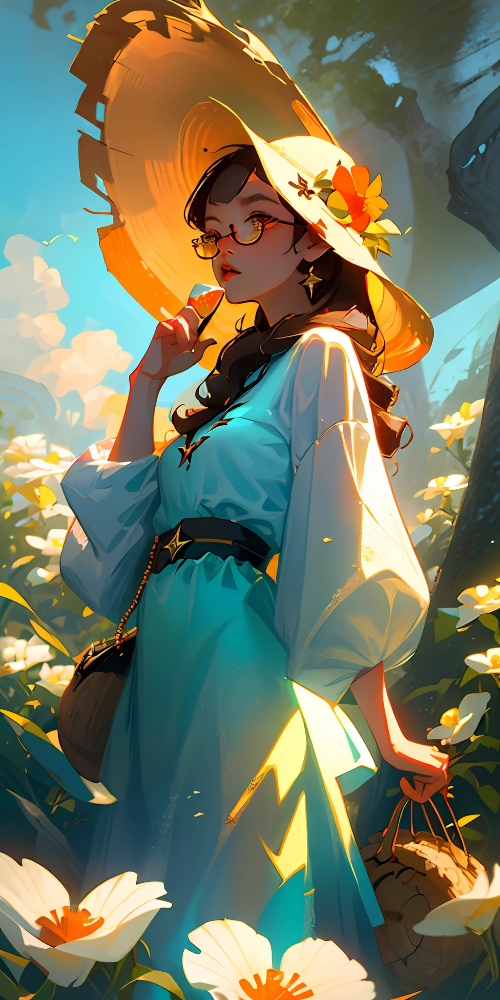 (best qualtiy,tmasterpiece),poster for,Composed of three sevens,underwater photography,Girl half-face avatar,up-close,Fish is a bird in water, painted into a picture, fantasy, Aesthetic,Girly art, Painting,独奏,Very detailed eyes,starfish,sea shell,sea shell,florals,bucket-hat,hair adornments,jewely,Straw Hat Hat,looking at viewert,sun glasses,Cap flower,drinking straw,hair pin,耳Nipple Ring,Red flowers, Colored glasses, yellowflower, By bangs, English text, Colorful hair, Orange flowers, brunette color hair, Nipple Ring, Ccup, long whitr hair, orange-tinted eyewear, dining, brown hair, sportrait, shell hair ornament