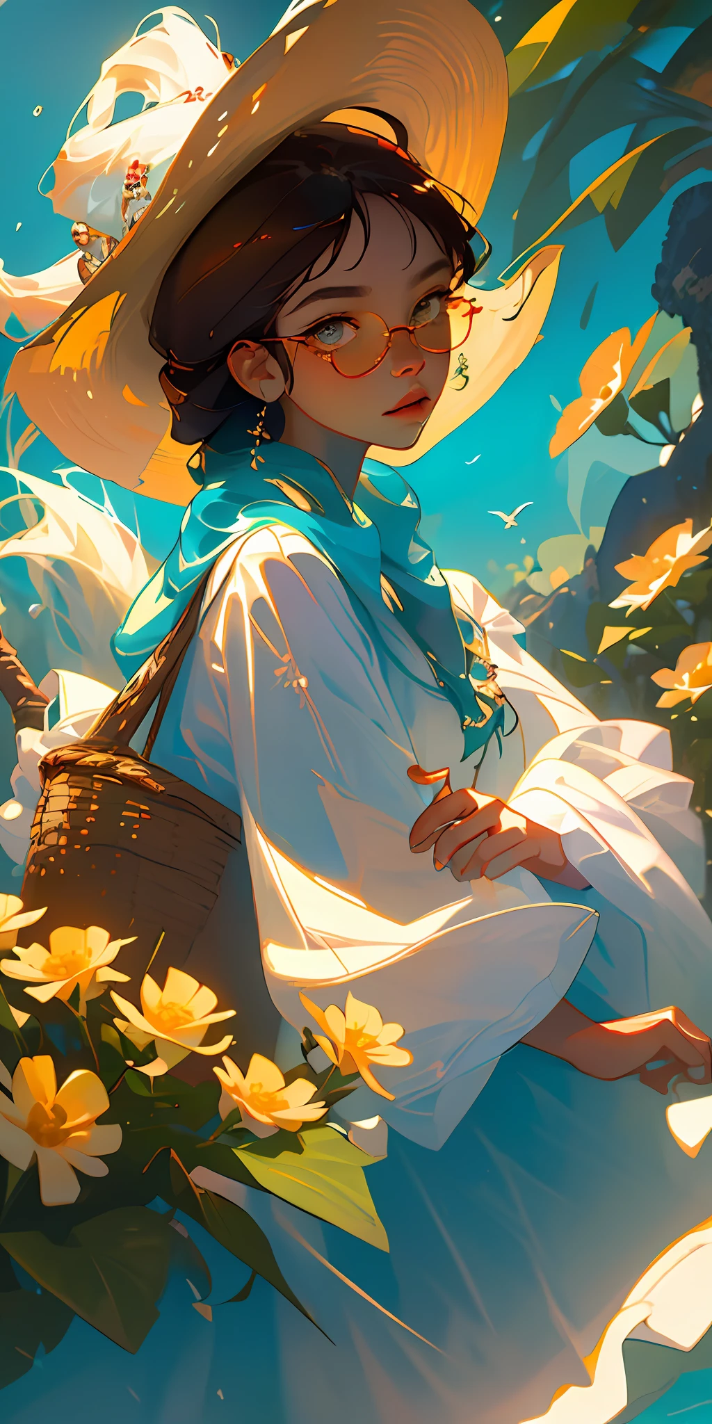 (best qualtiy,tmasterpiece),poster for,Composed of three sevens,underwater photography,Girl half-face avatar,up-close,Fish is a bird in water, painted into a picture, fantasy, Aesthetic,Girly art, Painting,独奏,Very detailed eyes,starfish,sea shell,sea shell,florals,bucket-hat,hair adornments,jewely,Straw Hat Hat,looking at viewert,sun glasses,Cap flower,drinking straw,hair pin,耳?????? Ring,Red flowers, Colored glasses, yellowflower, By bangs, English text, Colorful hair, Orange flowers, brunette color hair, ?????? Ring, Ccup, long whitr hair, orange-tinted eyewear, dining, brown hair, sportrait, shell hair ornament