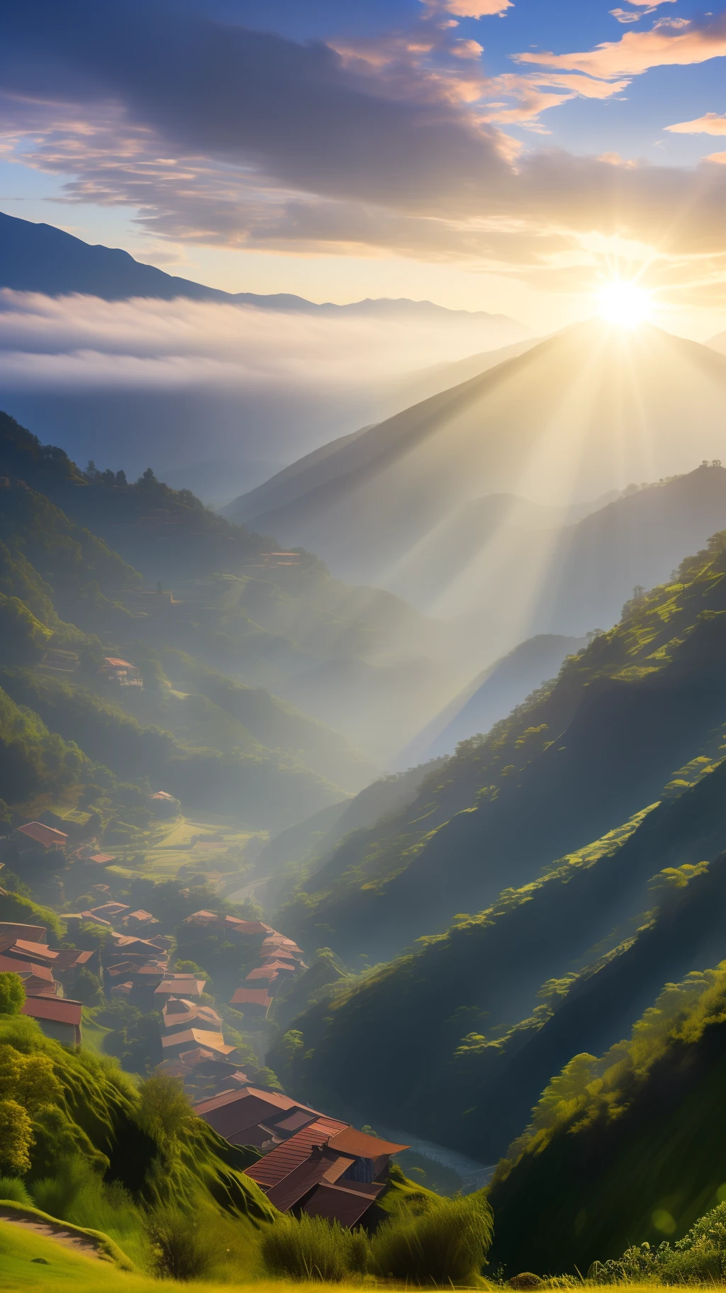 In the valley are terraces, surrounded by mountains, clouds, Tyndall rays, high overlooks, spectacular, realistic scenes, light and shadow