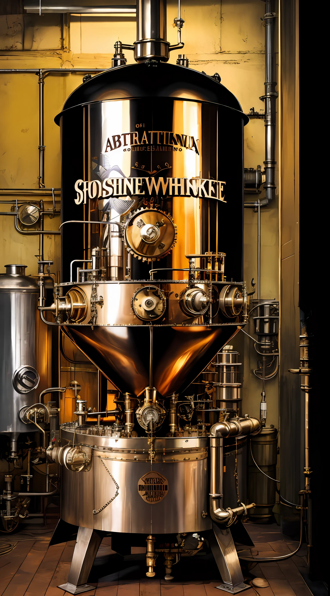 obra maestra, increible artefacto destilador de whiskey,  taberna clandestina, Steampunk moonshine whiskey machine maker, ,  realista, hermoso, Neon Noir Lighting, Kinematic, Epic Quality