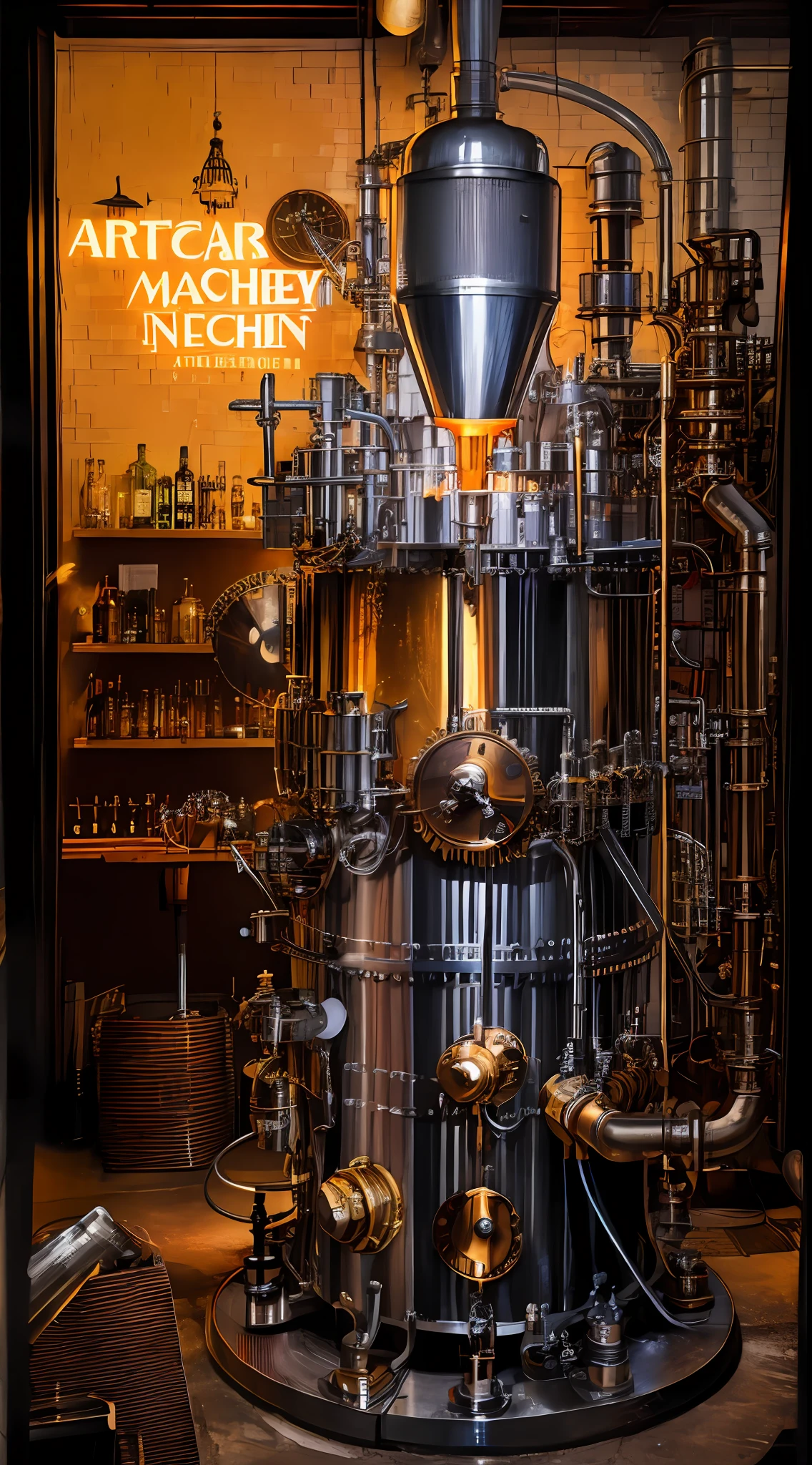 obra maestra, increible artefacto destilador de whiskey,  taberna clandestina, Steampunk moonshine whiskey machine maker, ,  realista, hermoso, Neon Noir Lighting, Kinematic, Epic Quality