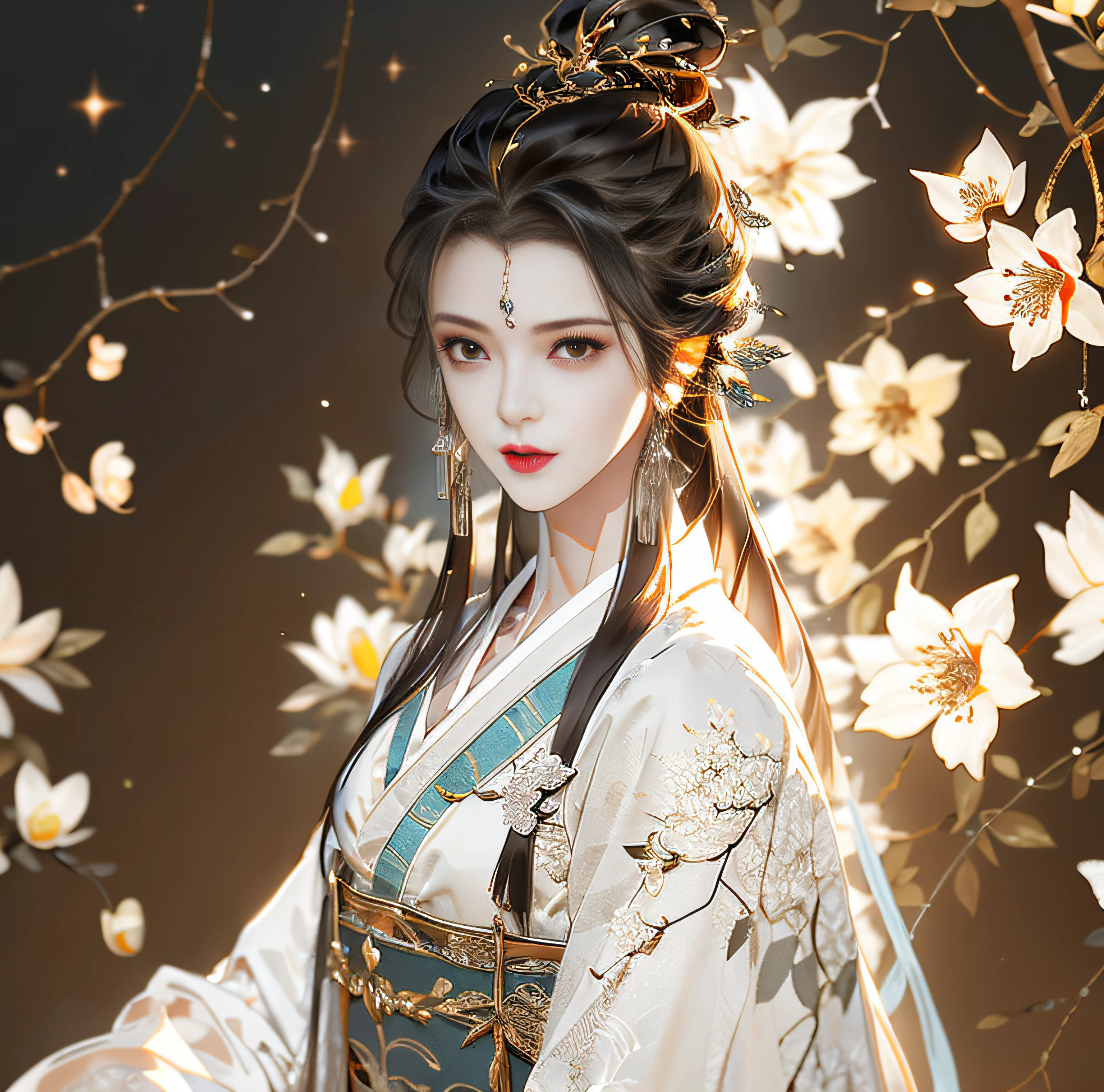 Beautiful details for girl,Very detailed eyes and face,Beautiful eye details,Super detailed,A high resolution,Very detailed,The best quality,illustration,Exquisite details,Best quality,Very detailed CG,8K wallpapers,A woman,woods,Long black hair,horsetail,Hanfu girl,blossoms,Complex textures,Streamers,navel,Shoulder,the complex background,Half body,Solo