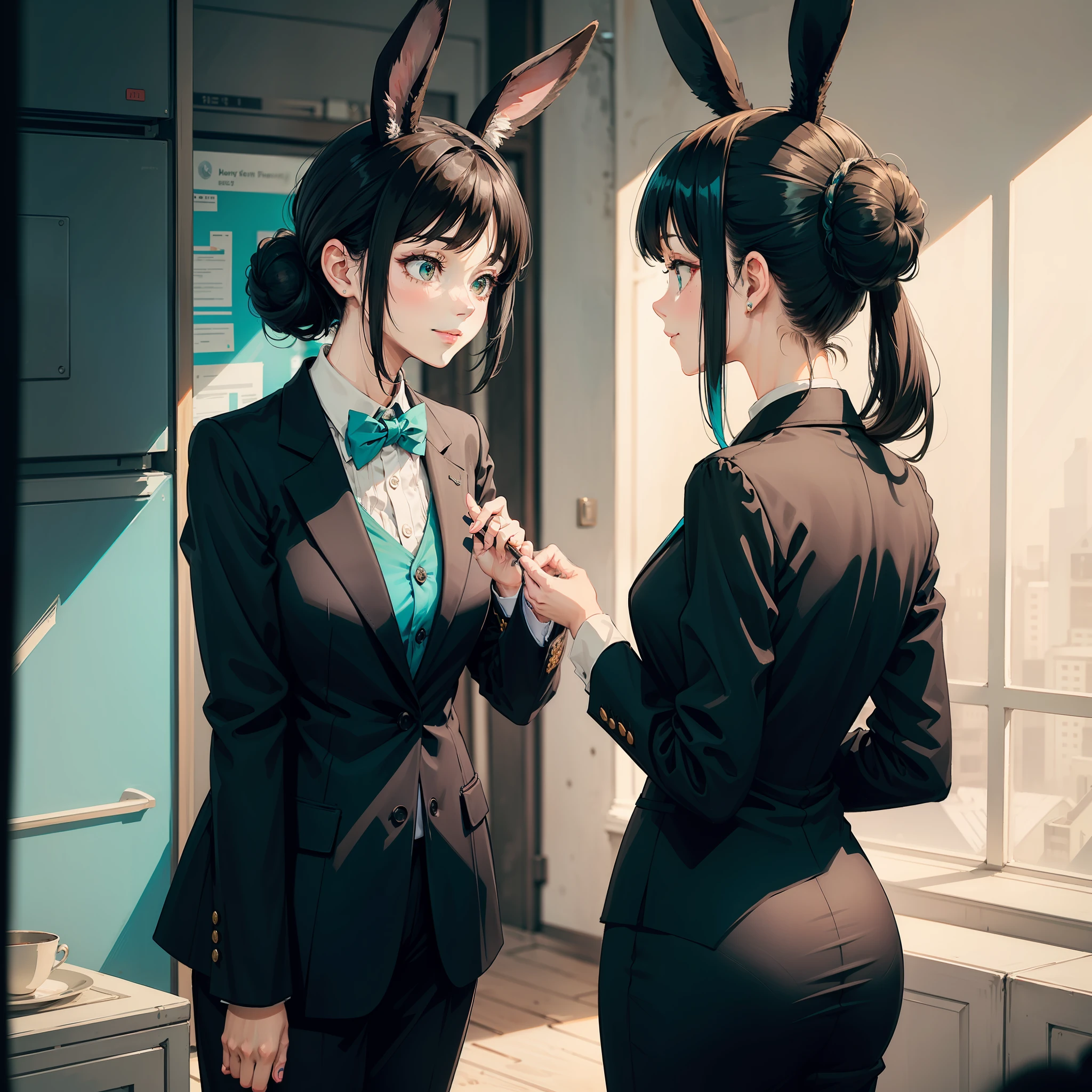 An adult woman, black hair with turquoise strands, gathered in a bun, rabbit ears and a ponytail, a black strict suit with lots of details, an empty look, a polite smile