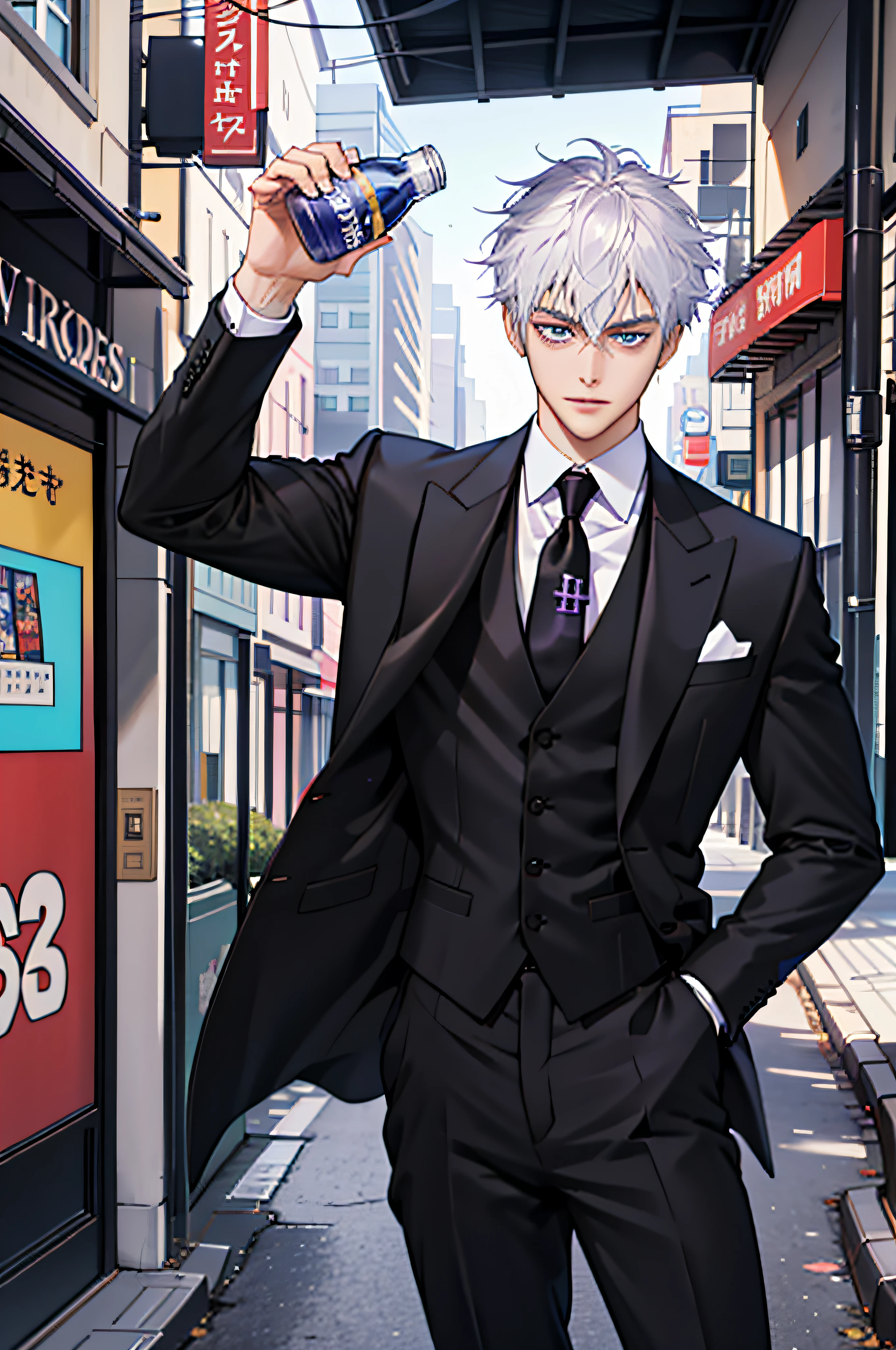 (tmasterpiece,best qualtiy,A detailed),1boys,malefocus,looking at viewert,The upper part of the body,exteriors,the street,
l Laurier,formal outfit,In black suit,Tie holding a bottle of Coke in his hand
