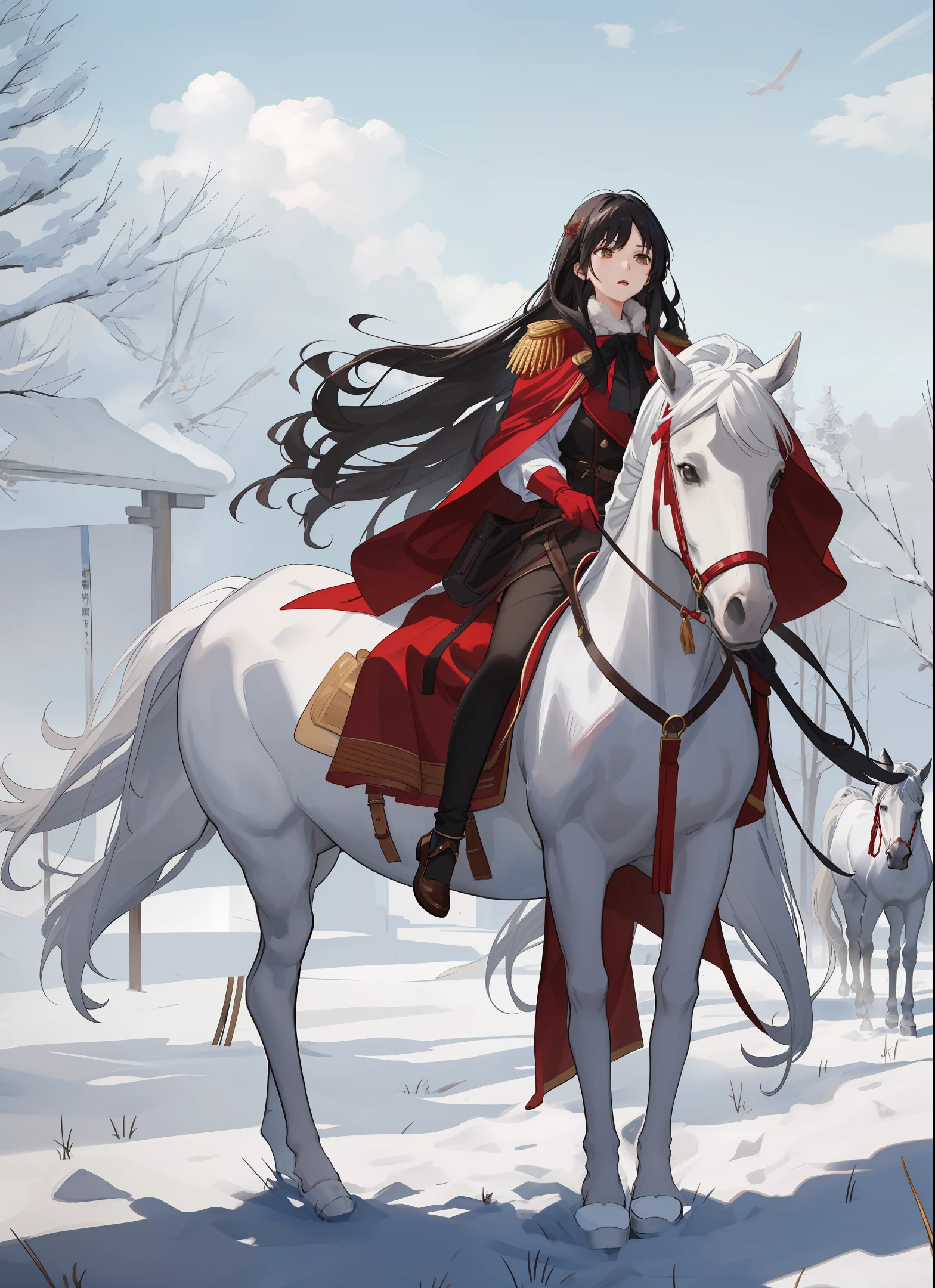 废墟,red capelet,A girl with long black hair,White horses came from afar,There are corpses all around
