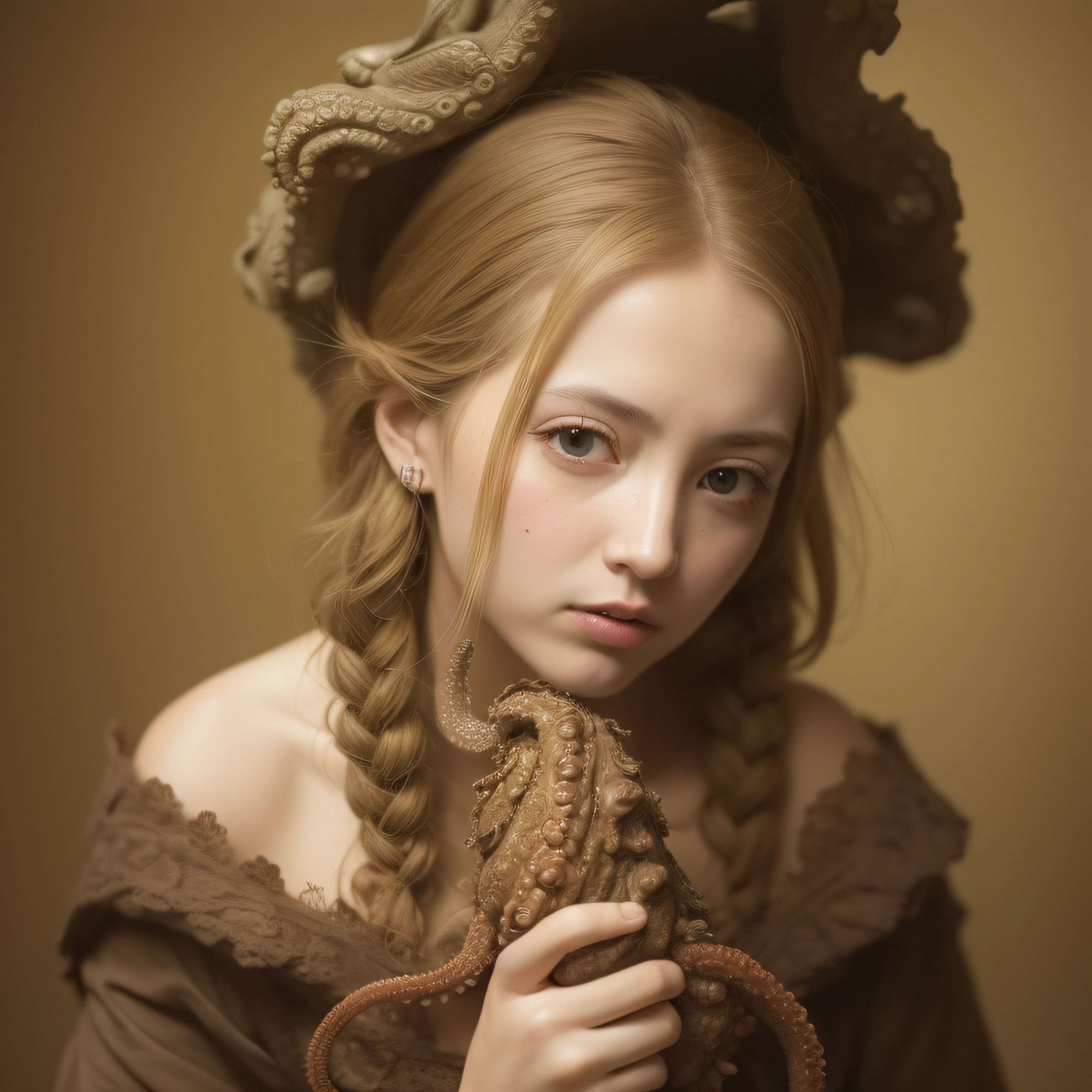 (extremadamente detallado, obra maestra, La mejor calidad), Estilo oscuro, intense illumination, rostro con arrugas, lengua larga, tentacle, deforme, monstruoso, un anciano con Colmillos finos, amenazante. Rococo composition. Luz de caravaggio