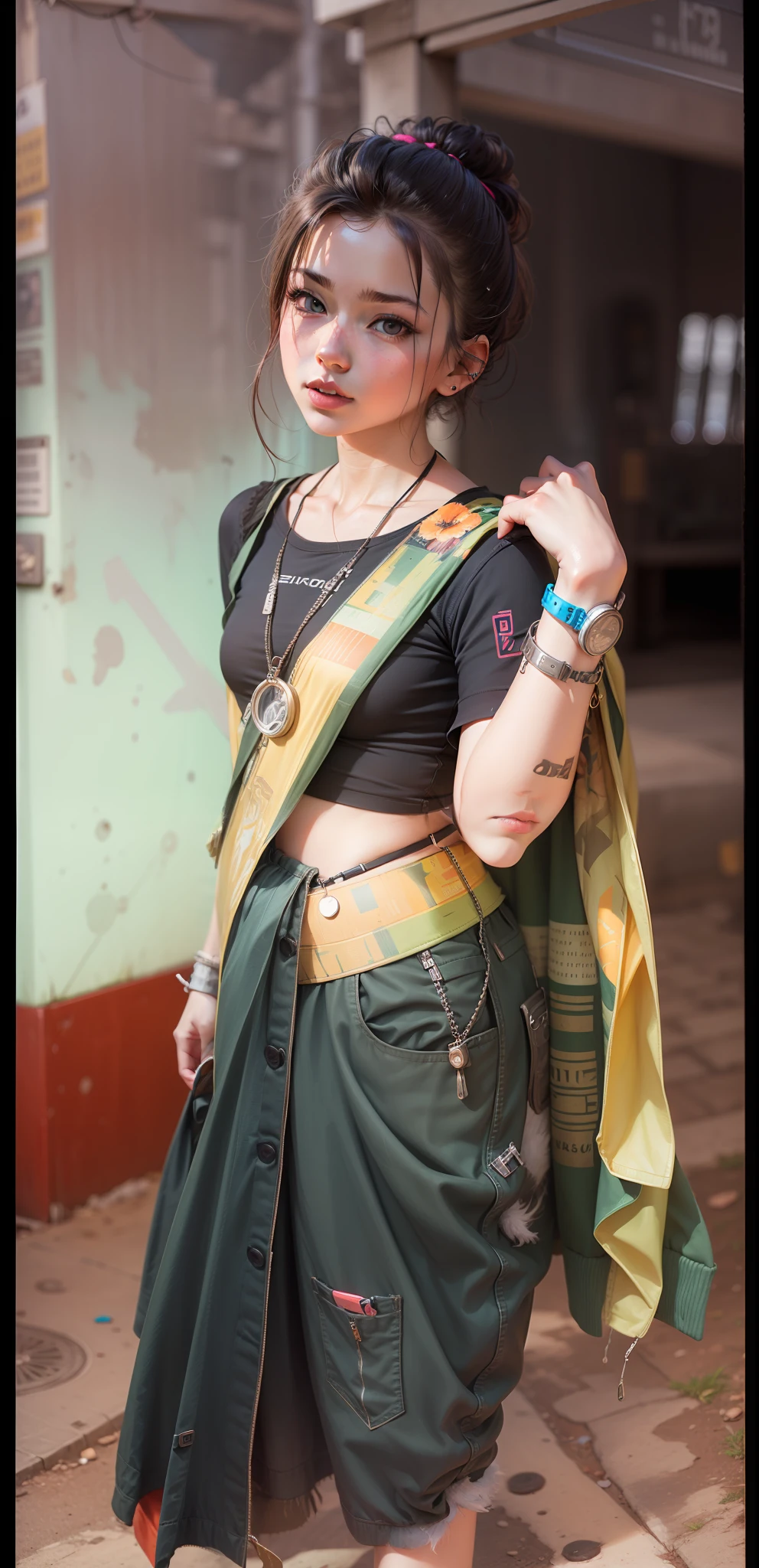 Cyberpunk neon toddler realistic face nature handsome girl.