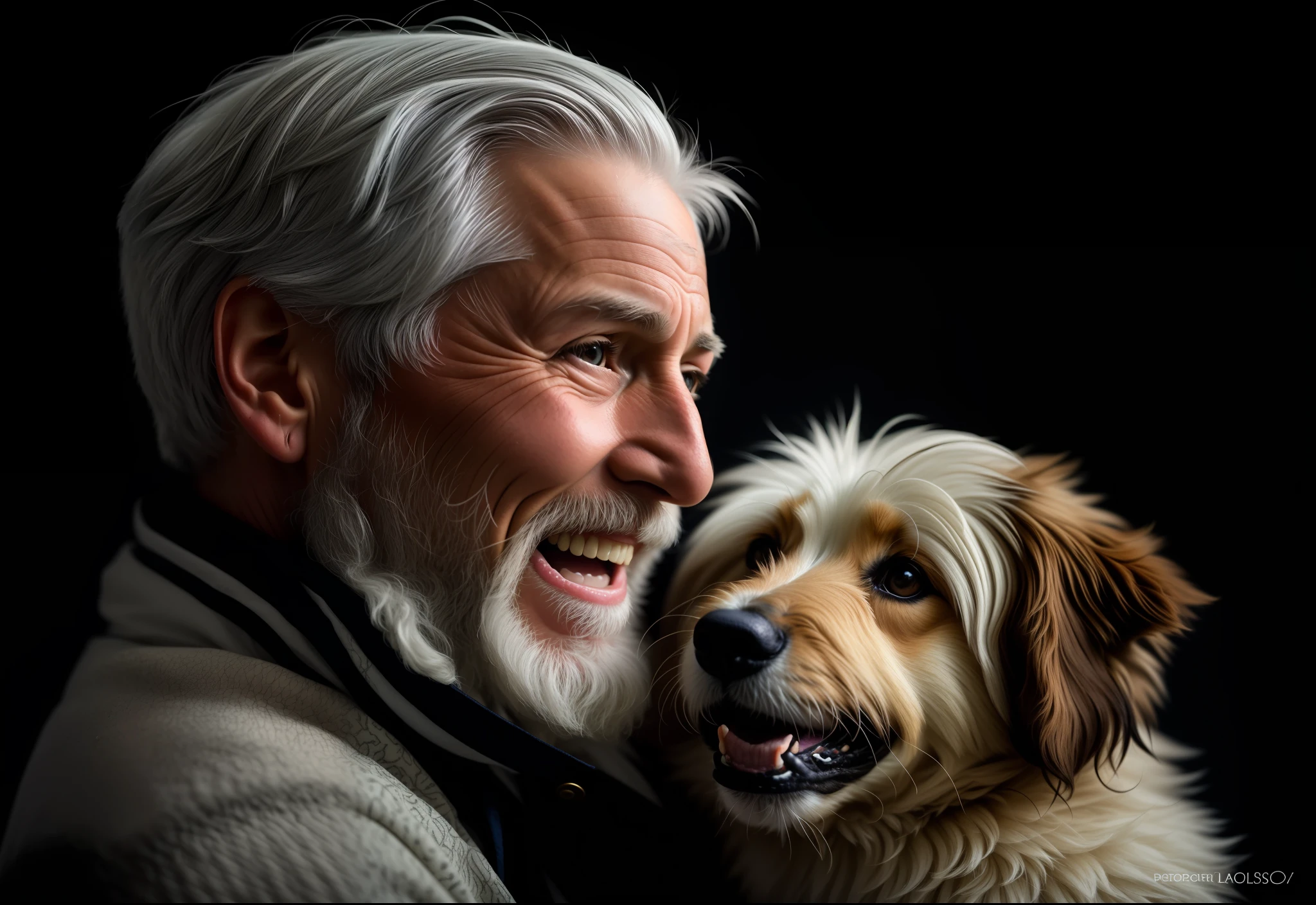 homem sorridente com barba branca e cabelos grisalhos segurando um cachorro, retrato detalhado, reconfortante, retrato de alta qualidade, Arte Digital. Foto realista, Foto retrato realista, Retrato premiado, Retrato colorido, award - winning pet photography, Paulo Barson, Foto retrato detalhada, Foto retrato, Directed by: Laszlo Balogh, fotografia Retrato colorido, Directed by: Paulo Davis