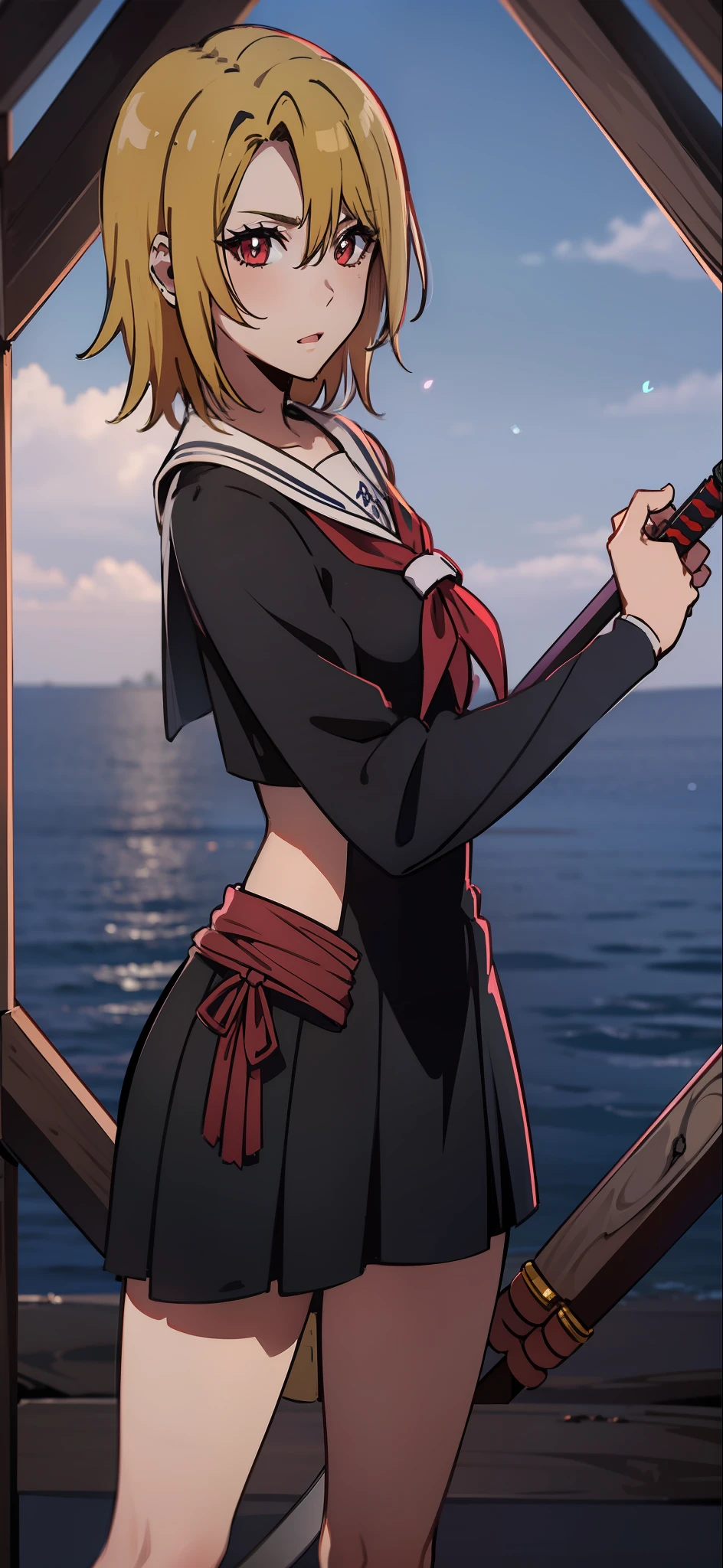 a sailor suit,blond hairbl,Red pupils,katana swords,Bad girl