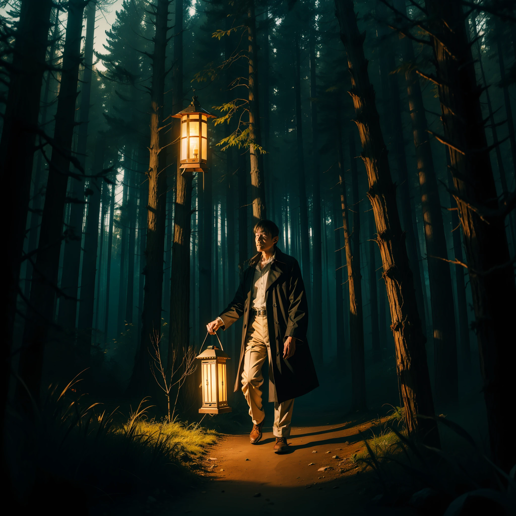 The man carefully descends to the well in the forest with a lantern to light his way.