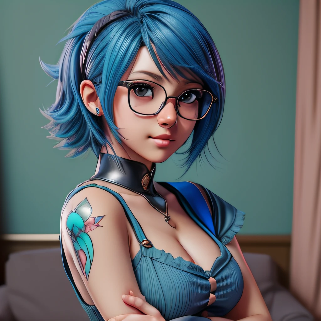 Anime girl with blue hair and glasses posing in a room, 8k, Pose casual, estilo de espelho\Gunwale, Realismo Artstyle, photorealistic anime girl rendering, detalhes intrincados, highes definition