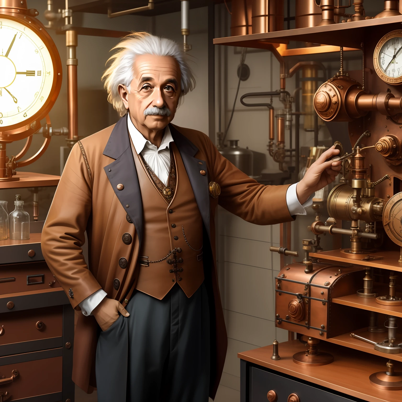 albert einstein no estilo steampunk, em um laboratorio de pesquisa com equipamentos, copper parts, rebites