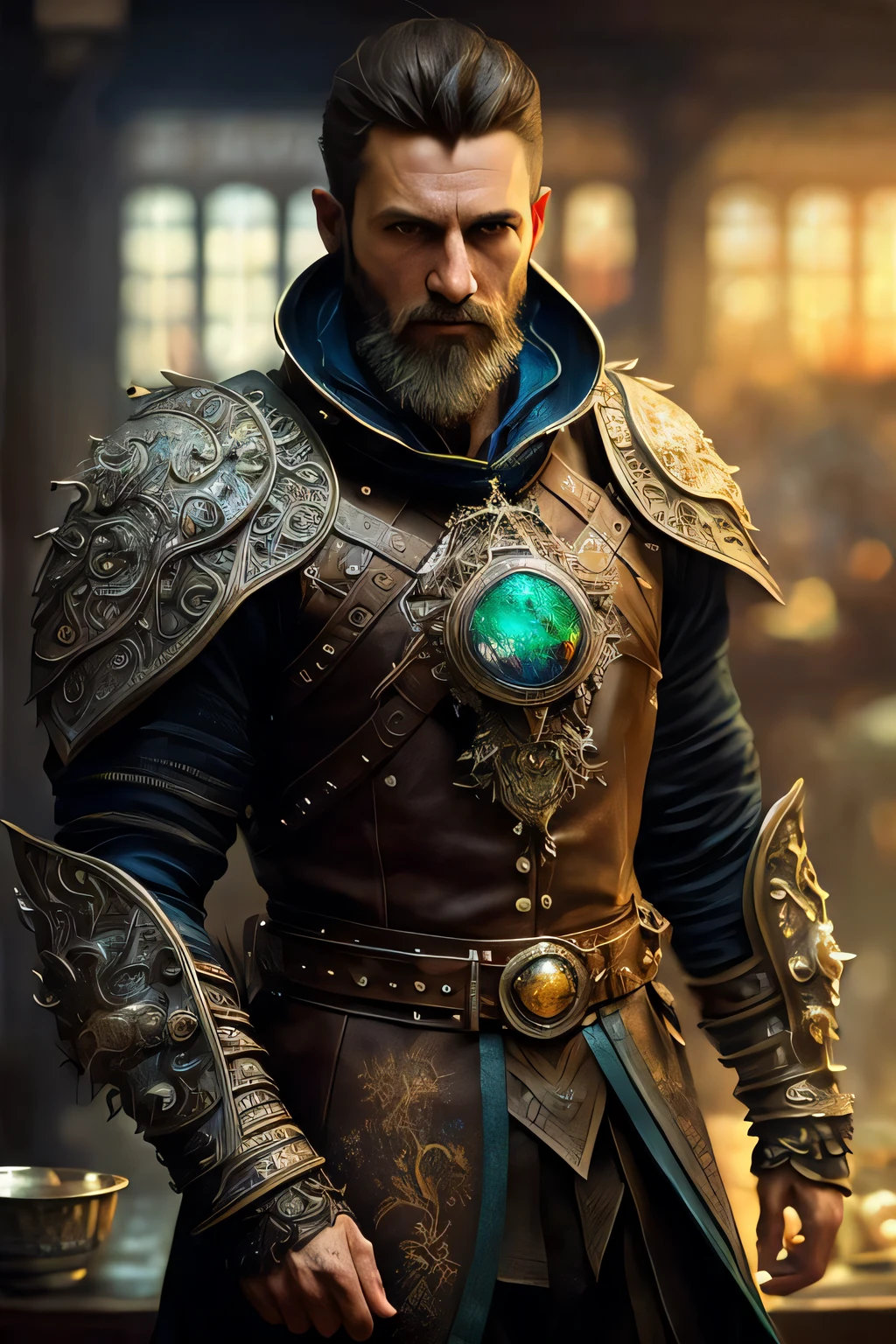 full body, walking pose, slow motion, (arcane mage:1.2) male with beard dirty blonde hair wearing full body multiple stitched layer (leather armor:1.2), (fabric with intricate pattern:1.2), (insanely detailed, bloom:1.5), (highest quality, Alessandro Casagrande, Greg Rutkowski, Sally Mann, concept art, 4k), (analog:1.2), (high sharpness), (detailed pupils:1.1), (painting:1.1), (digital painting:1.1), detailed face and eyes, Masterpiece, best quality, (highly detailed photo:1.1), 8k, photorealistic, (ecstatic:1.1), By jeremy mann, by sandra chevrier, by maciej kuciara, sharp, (perfectbody:1.1), realistic, real shadow, 3d, (inside of a tavern:1.2), (by Michelangelo)