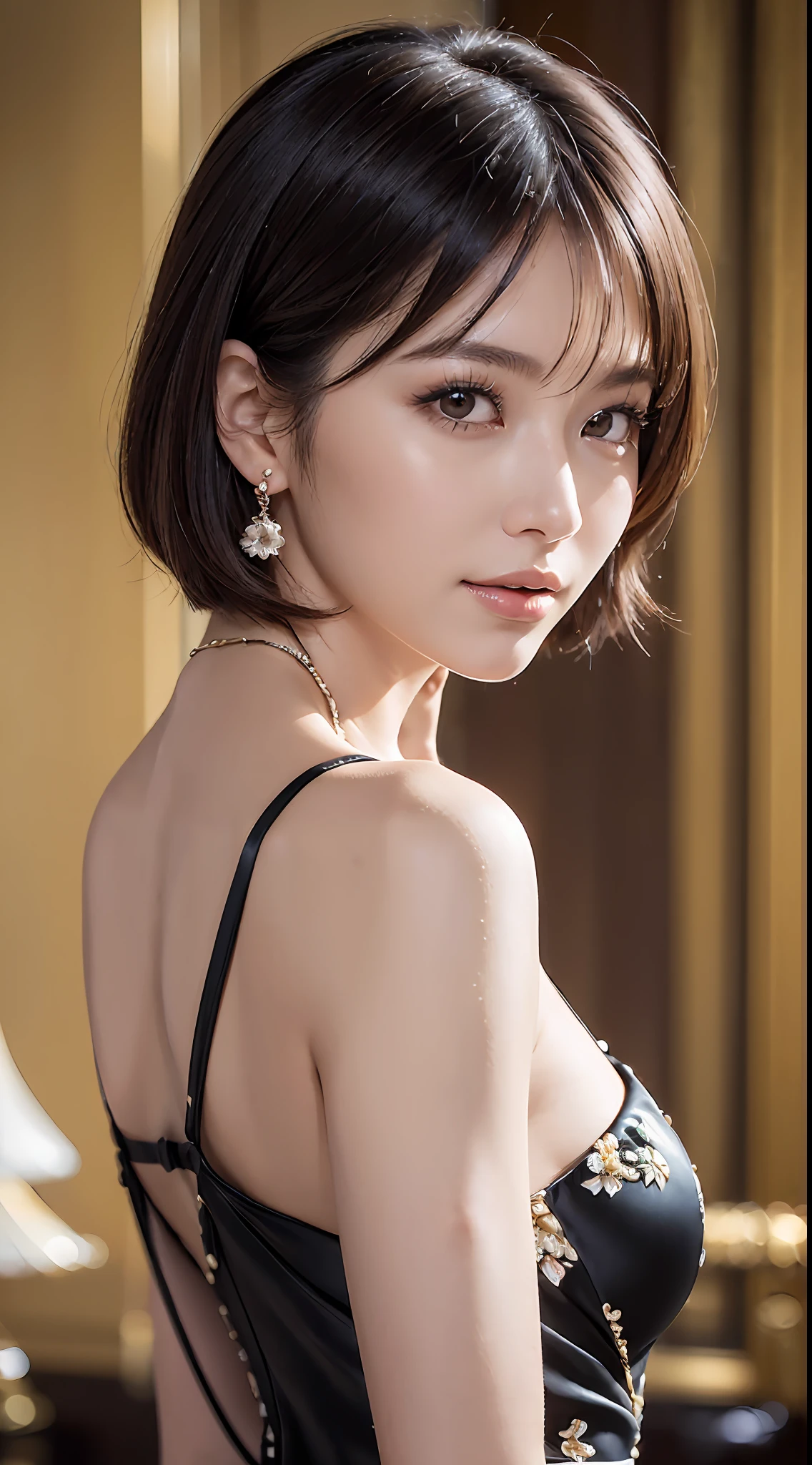 (((((a 20 yo woman, Luxurious dresses, cowboy shot, from side, black very short hair, ))))), ((((masterpiece, best quality, highly detailed, RAW photo, 超A high resolution)))), Highly detailed facial and skin texture, A detailed eye, Crisp focus, an asian young and beautiful girl, de pele branca, Real human skin, oval-face, A person who sees with calm and goddess-like eyes, lipgloss, eye lashes, Gloss Face, Wide range of lighting, Natural shading, small waist, slender body, slight smile, Clear facial features, beautiful countenance, double eyelids, sagging eyes, Large rooms in luxury hotels, floral arrangements