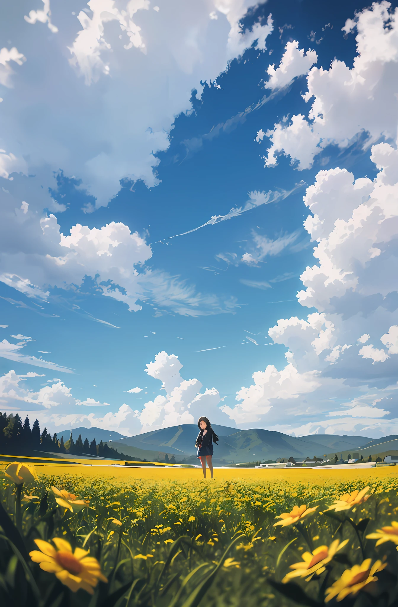 (expansive landscape photograph) , (a view from below that shows sky above and open field below), ((1girl standing on flower field looking up)). bright sunny day (clouds:1.2), distant mountain, BREAK