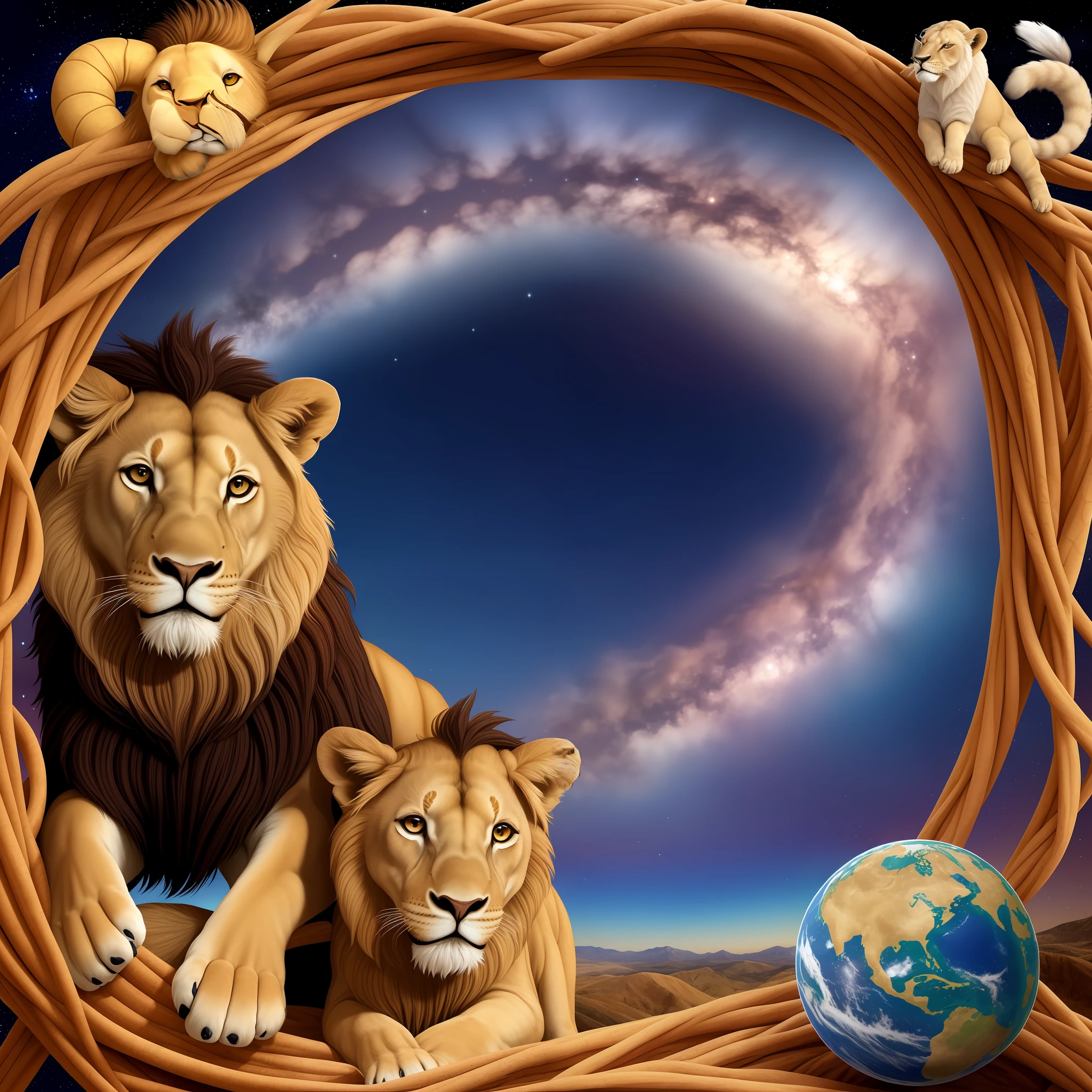Aries adult Aries sign with a lion cub ahead with a sky full of stars and planet