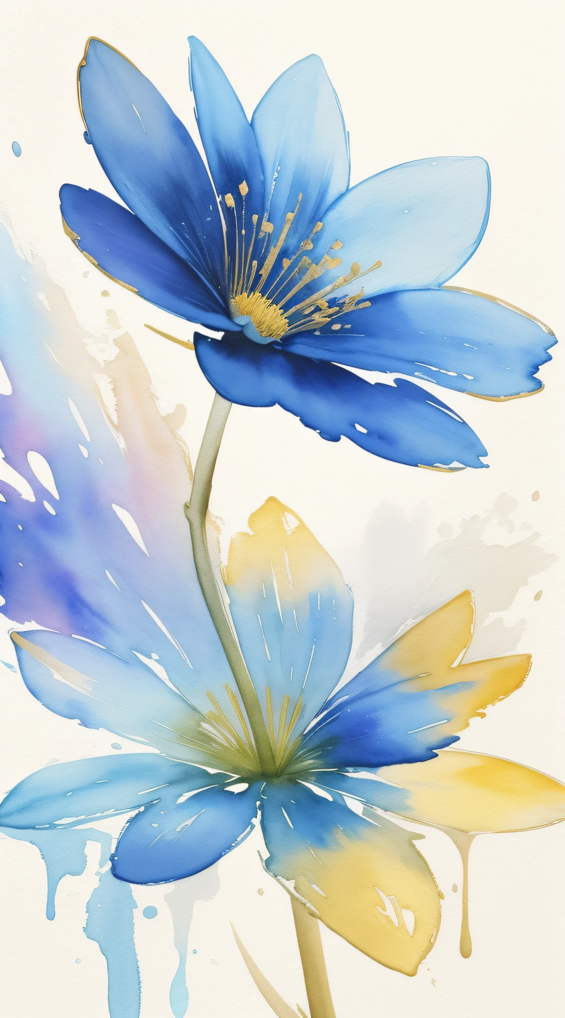 Watercolor flower painting isolated on white background、watercolor paiting、Splash technique to reproduce wet conditions、Blurry atmosphere、Unique composition、Abstract representation、Contains elements of surrealism、Pale tones、Blue and gold color scheme、high resolution details、Ink splash effect、Pale colors。