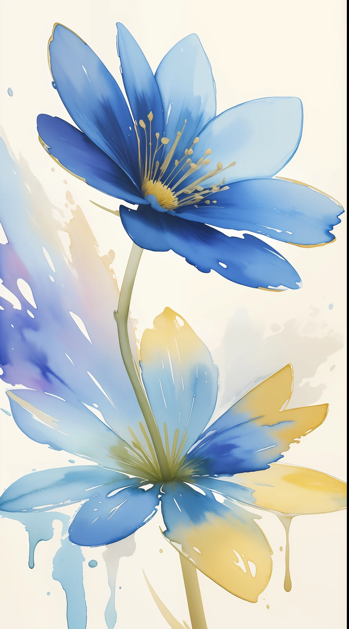 Watercolor flower painting isolated on white background、watercolor paiting、Splash technique to reproduce wet conditions、Blurry atmosphere、Unique composition、Abstract representation、Contains elements of surrealism、Pale tones、Blue and gold color scheme、high resolution details、Ink splash effect、Pale colors。