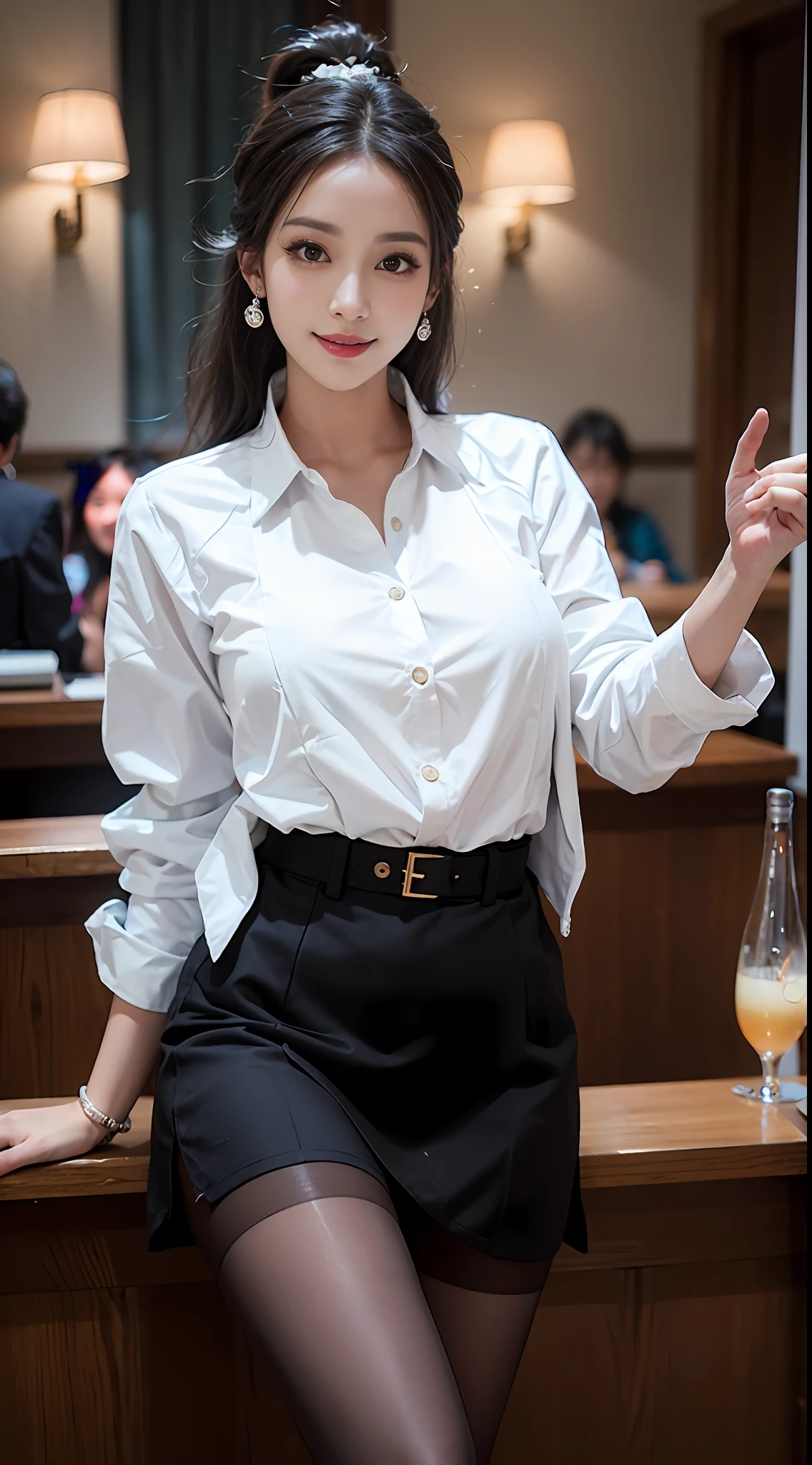 Exquisite, masterpiece, beautiful details, colorful, exquisite details, delicate lips, intricate details, large breasts, 1 female, (a beautiful 20-year-old cute Korean woman: 1.1), (kpop idol, Korean mixed), (50mm Sigma f /1.4 ZEISS lens, F1.4, 1/800s, ISO 100, photograpy: 1.1), (ponytail + brunette : 1.2), (photorealistic:1.4), (SPY:1.2), (Open Jacket,Shirt, Skirt,Tie, Black Pantyhose,Christian Louboutin\(Brand\),:1.3), Earrings, Necklaces, Armbands, (Tavern, Bar:1.2), (Beautiful Legs, High Girl, Skinny, slim_legs, thigh_gap, Model: 1.2), Lens flare, viewed from the front, (Happy smile: 1.1), dynamic pose, (makeup: 1.2), sitting on a hotel front desk stool,