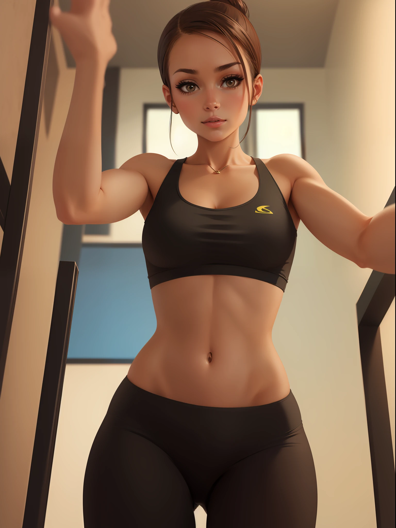 Beautiful Brazilian girl, brown hair in a ponytail, 18 years old, beautiful thin figure
She takes a selfie in the gym, showing her butt, wearing short leggings and a sports bra
