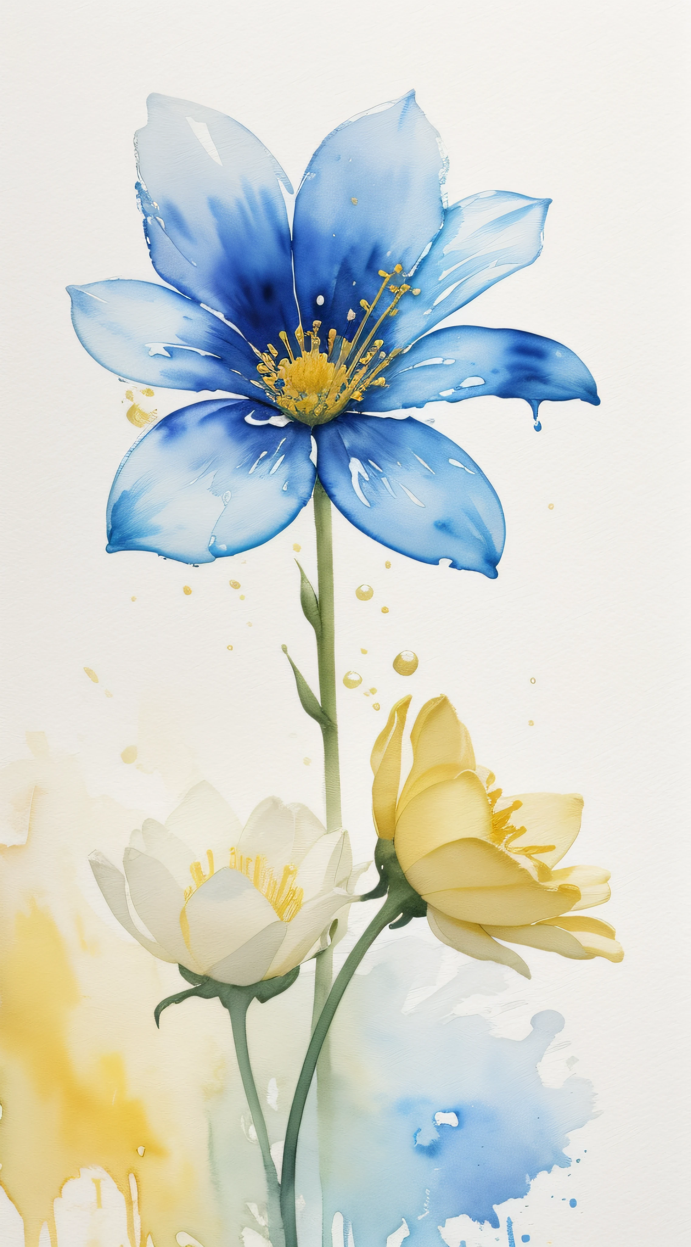Watercolor flower painting isolated on white background、watercolor paiting、Splash technique to reproduce wet conditions、Blurry atmosphere、Unique composition、Abstract representation、Contains elements of surrealism、Pale tones、Blue and gold color scheme、high resolution details、Ink splash effect、Pale colors。