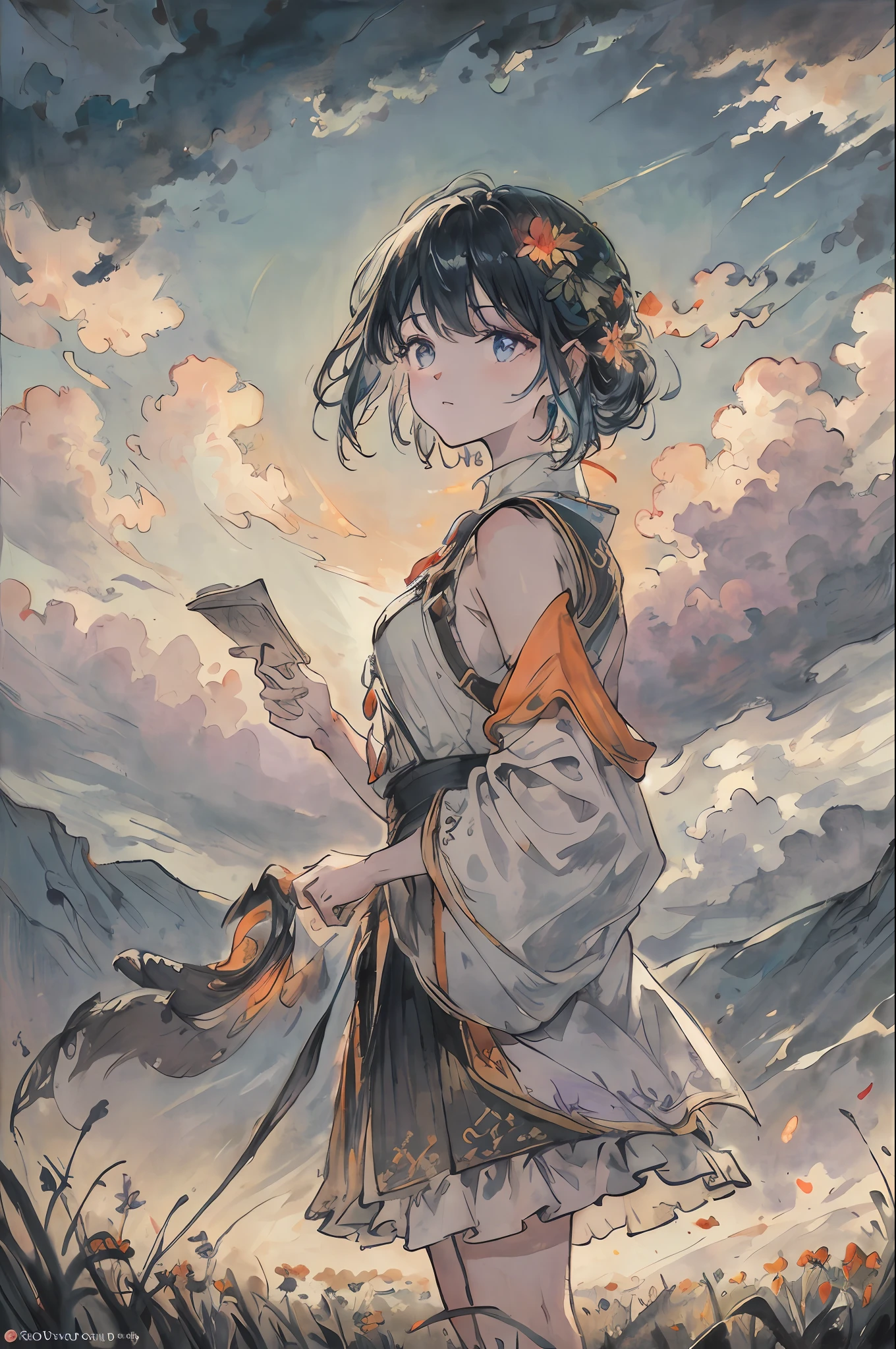 masterpiece, best quality, an extremely delicate and beautiful girl,an extremely delicate and beautiful, world masterpiece theater, ultra-detailed, highly detailed, best quality, expansive landscape photograph , (a view from below that shows sky above and open field below), a girl standing on flower field looking up, bright sunny day (clouds:1.2), distant mountain, tree BREAK
production art, lot of purple and orange, intricate details, volumetric lighting, realism BREAK
(masterpiece:1.2), detailed shadows, (best quality), 4k, ultra-detailed, (dynamic composition:1.4), highly detailed, colorful details,( iridescent colors:1.2), (glowing lighting, atmospheric lighting), dreamy, magical, (solo:1.2)