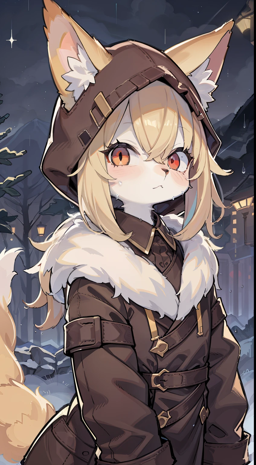 Fox Boy,hairy pubic,shaggy,Golden fur,Golden yellow face fur,Short straight blonde hair,Eyes have light,Red eyes,Super cute face,Brown elements on fur,Brown hooded coat,Beautiful lights and shadows,Ambient light,Ultra-fine fur,volumettic light,Night,natural lightting,Fluffy tail,nevando,Brown hood up,Night,starrysky,Expansive landscape photograph,(look from down,The sky and wilderness below can be seen),,rainy outside,Rained,Rained,raining mood,wash off in the rain,crossed bangs, Hairline, Shiny hair, lone nape hair, ,Dilated pupils,Sleepy,dark circles,(moon full:1.2),(meteors:0.9),(Starcloud:1.3),Far Mountain,Tree BREAK Production Art,(Warm light source:1.2),(glowworm:1.2),lamp lights, Purple and orange,Complicated details,Volumetriclighting,Realist breakthrough(tmasterpiece:1.2)(best qualtiy),4K,ultra-delicate,(Dynamic configuration:1.4),Highly detailed and colorful details,(Irridescent color:1.2),(luminouslighting,Atmospheric lighting),dream magical,Magic,(独奏:1.2)